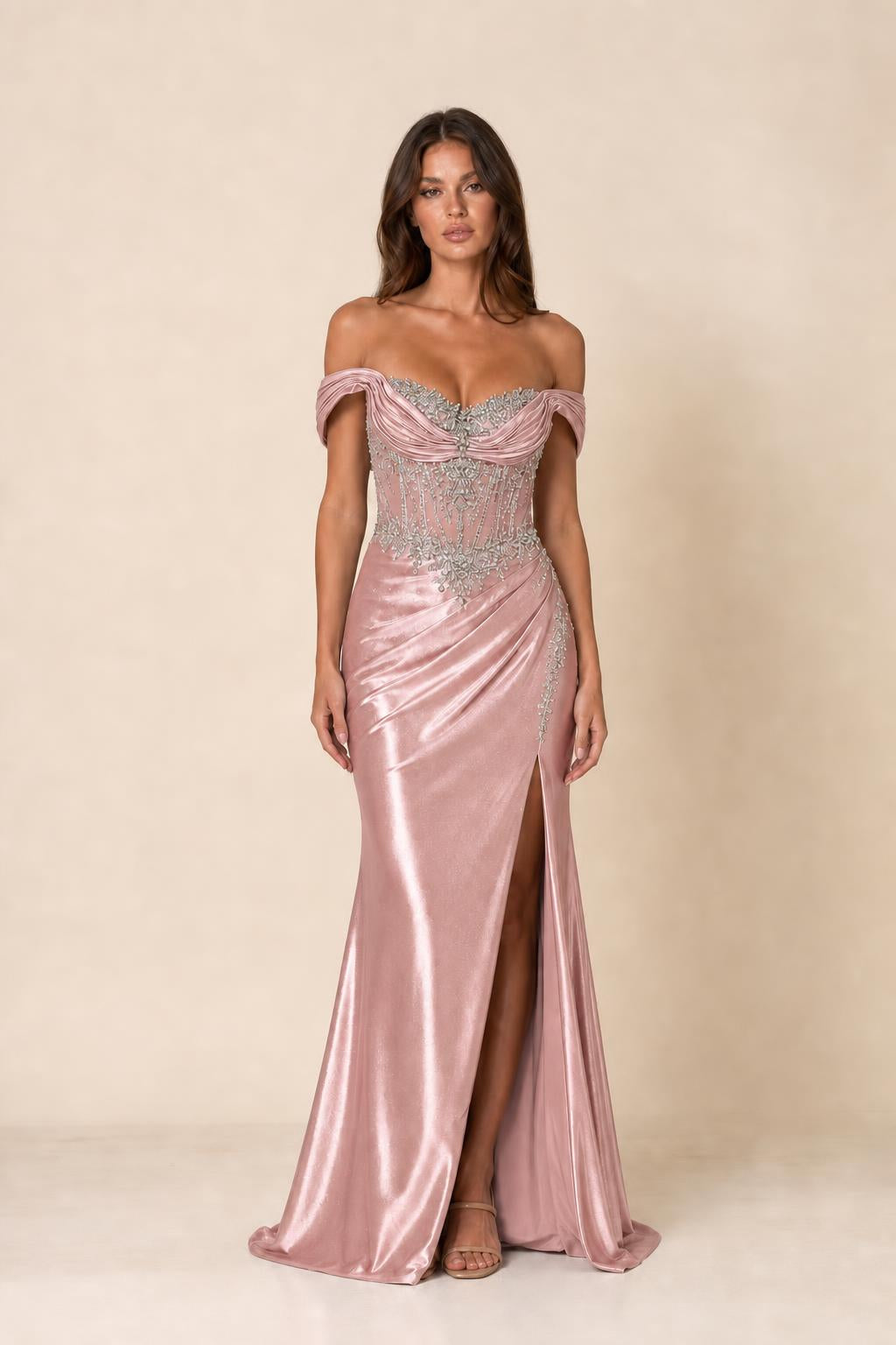 Front view of blush color variant of off-shoulder evening gown