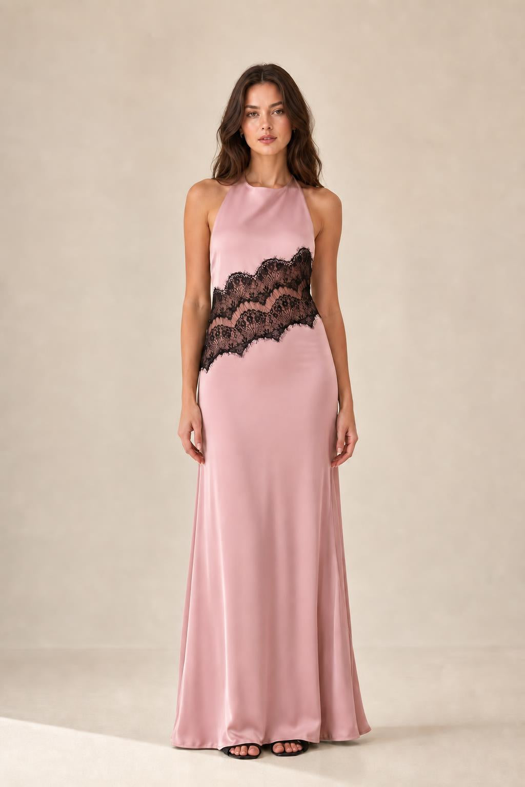 Front view of dusty rose halter neck maxi dress with lace insert
