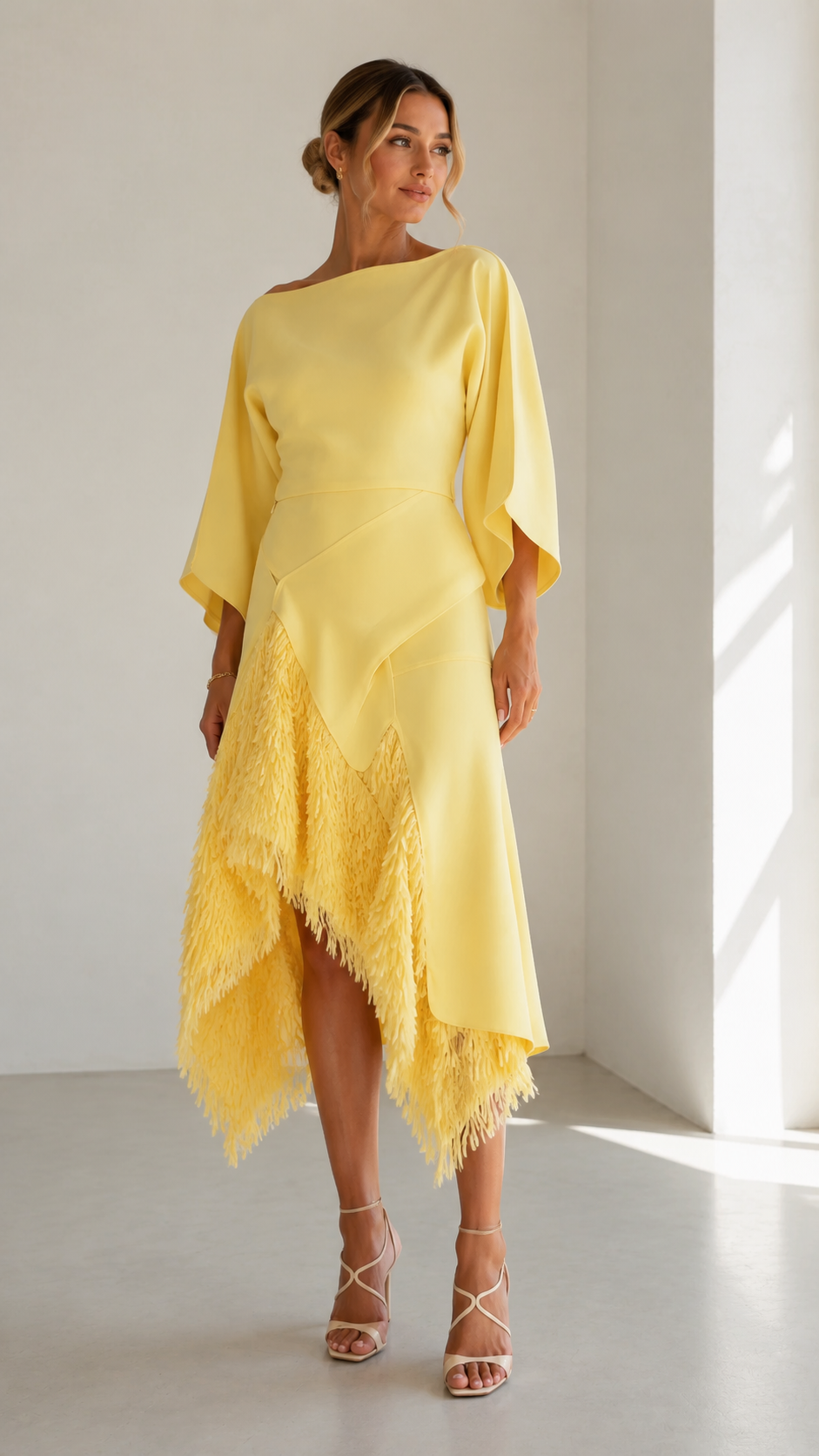 Yellow midi occasion dress with boat neck and fringe hem detail