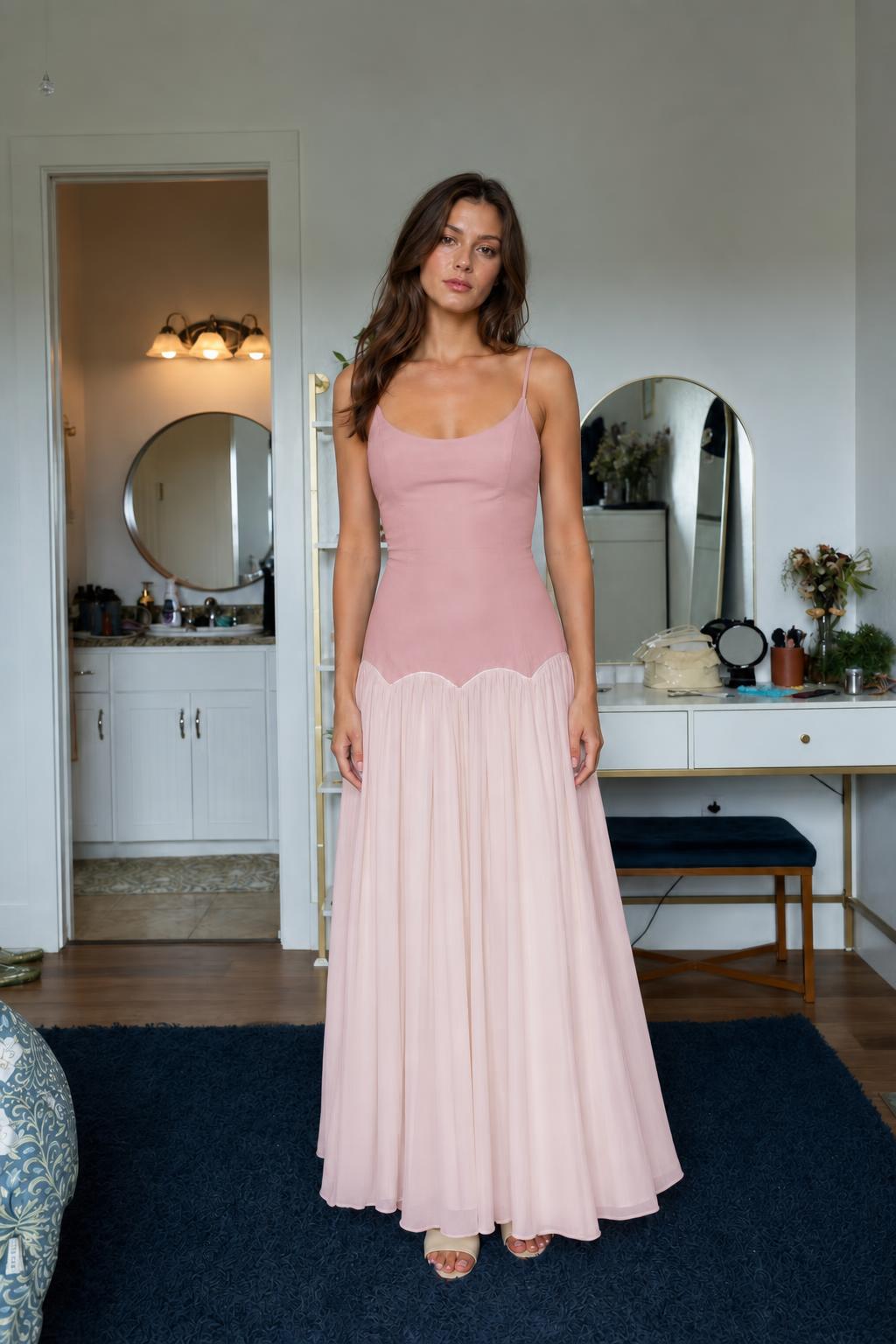 Front view of pink and soft pink contrast maxi dress