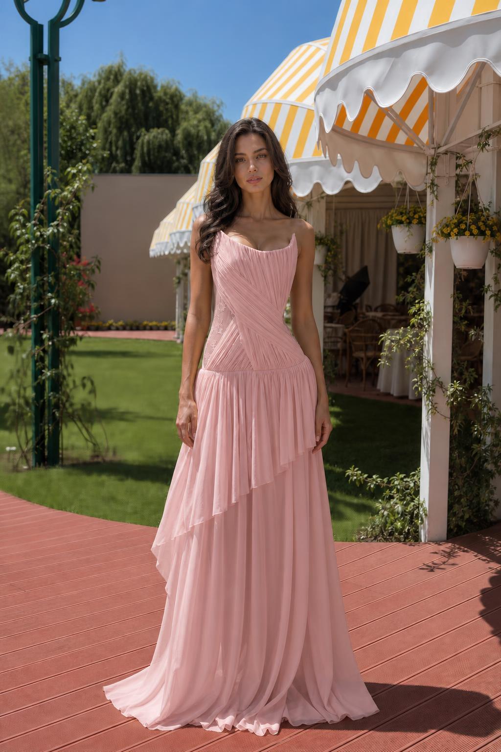 Front view of pink evening dress