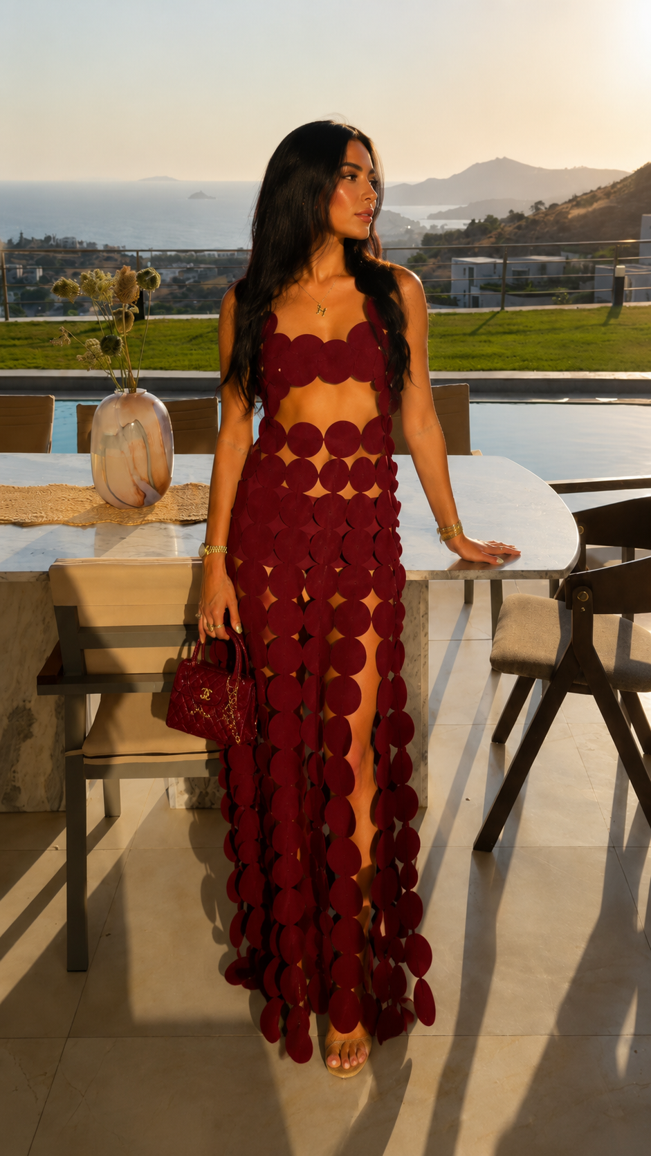 Front view of burgundy sleeveless circular detail maxi dress for evening wear