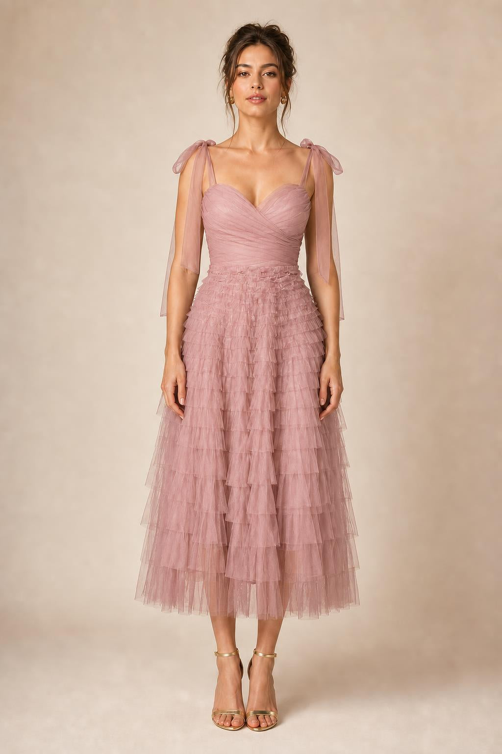 Ethereal Tiered Tulle Midi Dress in Dusty Rose
