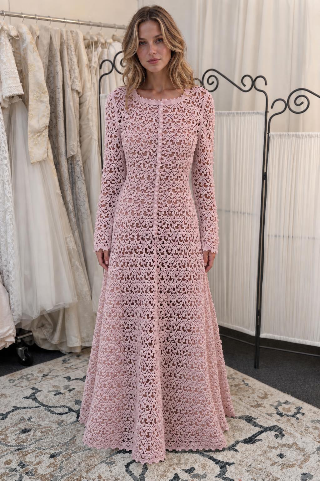 Woman wearing pink long-sleeve crochet lace maxi dress