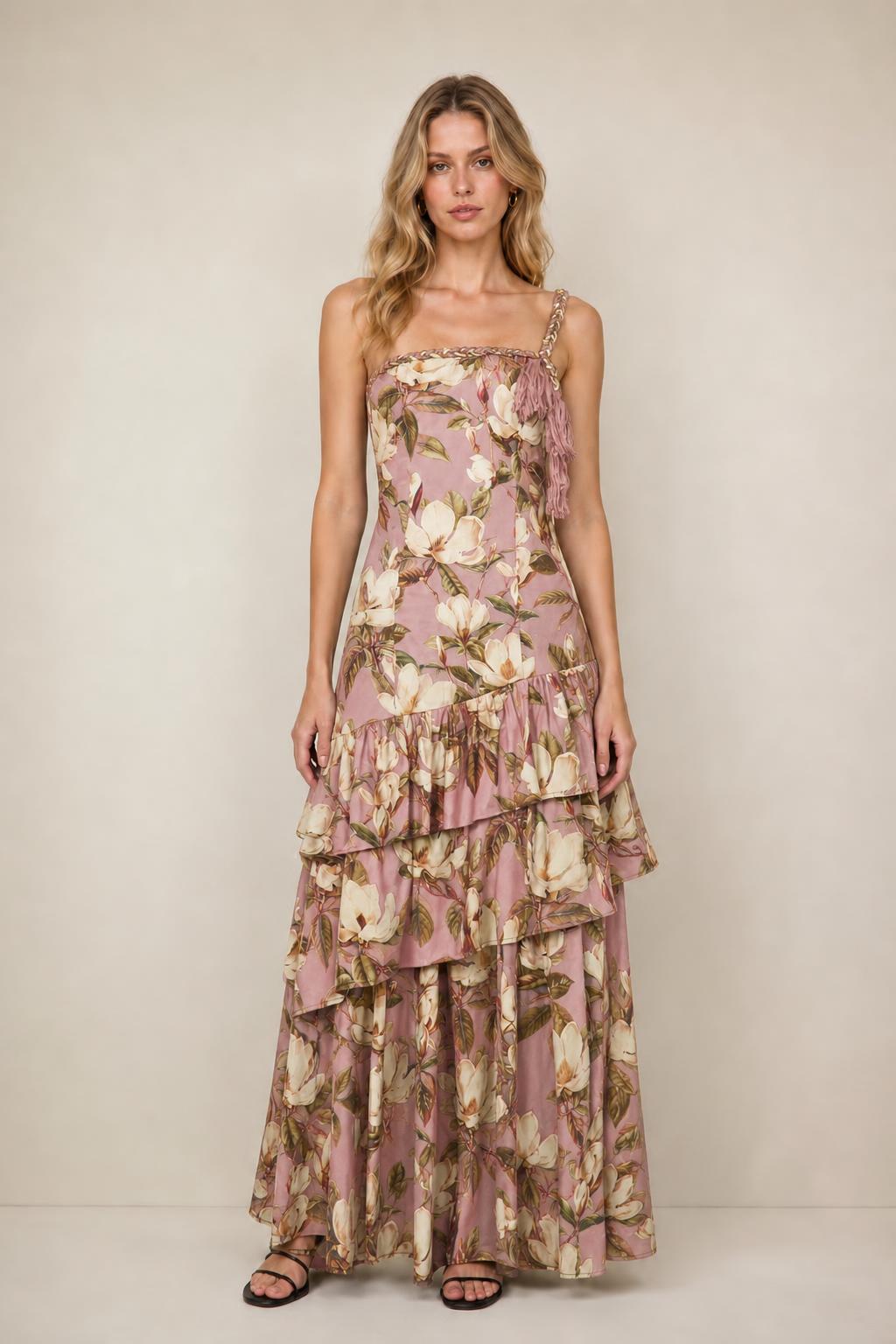 Front view of floral print tiered maxi dress in dusty pink