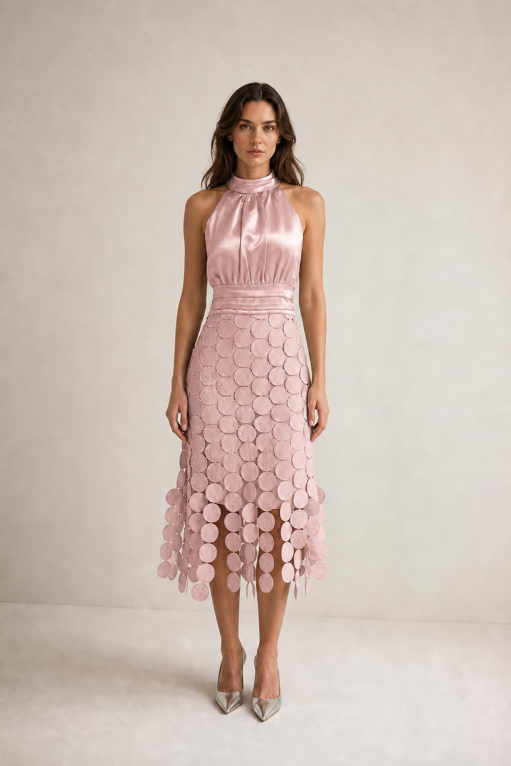 Front view of pink satin halter neck midi dress