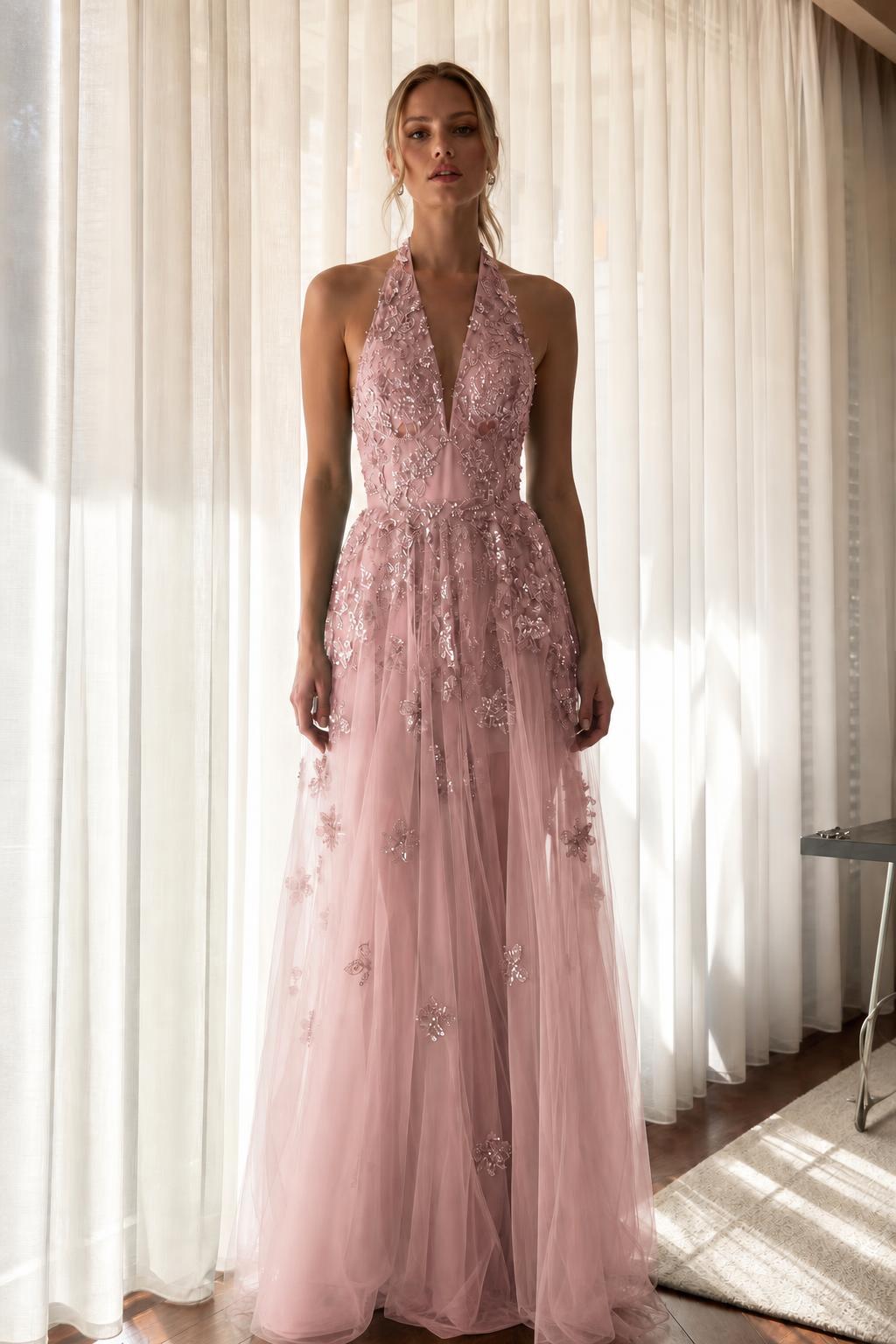 Front view of pink embroidered halter evening dress