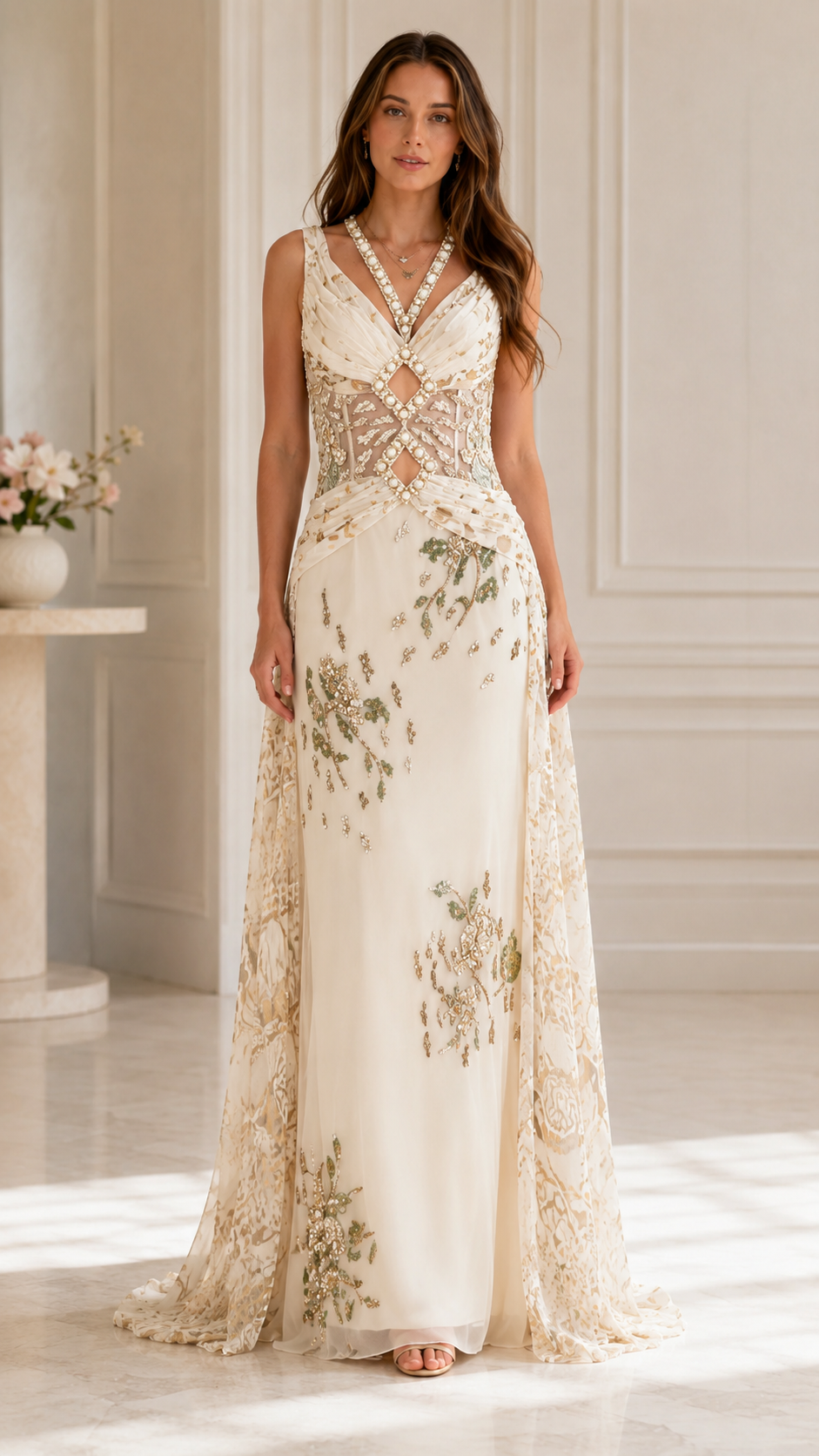 Front view of champagne embellished formal gown with sheer cutout waist and flowing overlay