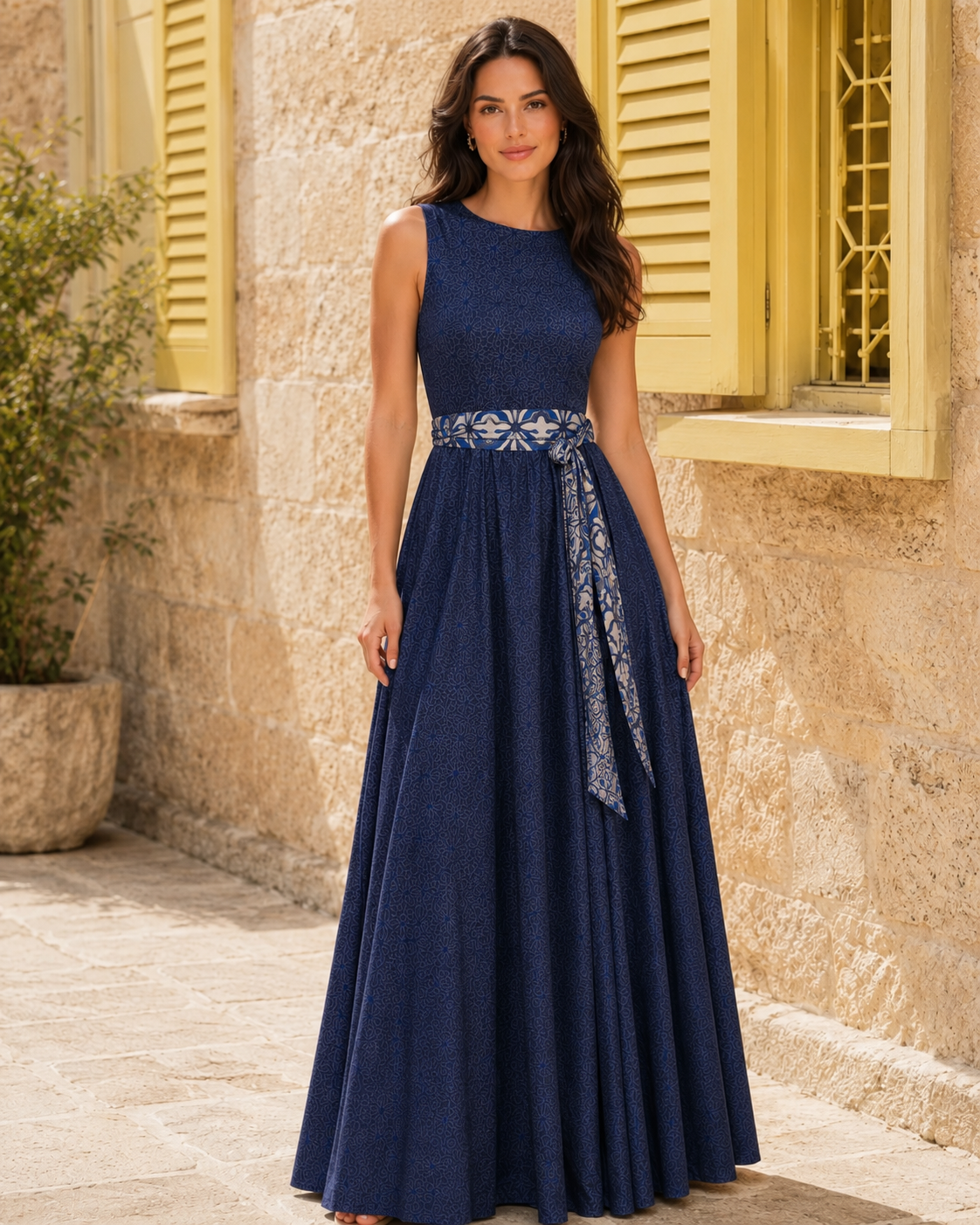 Front view of navy sleeveless shimmer maxi dress with contrast sash