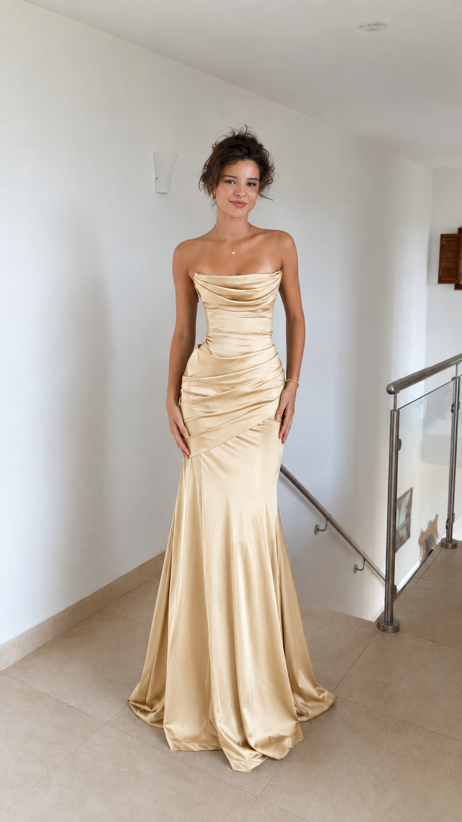 Front view of champagne strapless ruched mermaid formal gown