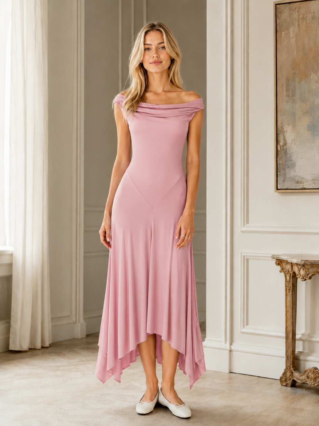 Front view of blush pink off-shoulder ruched dress with asymmetric hem