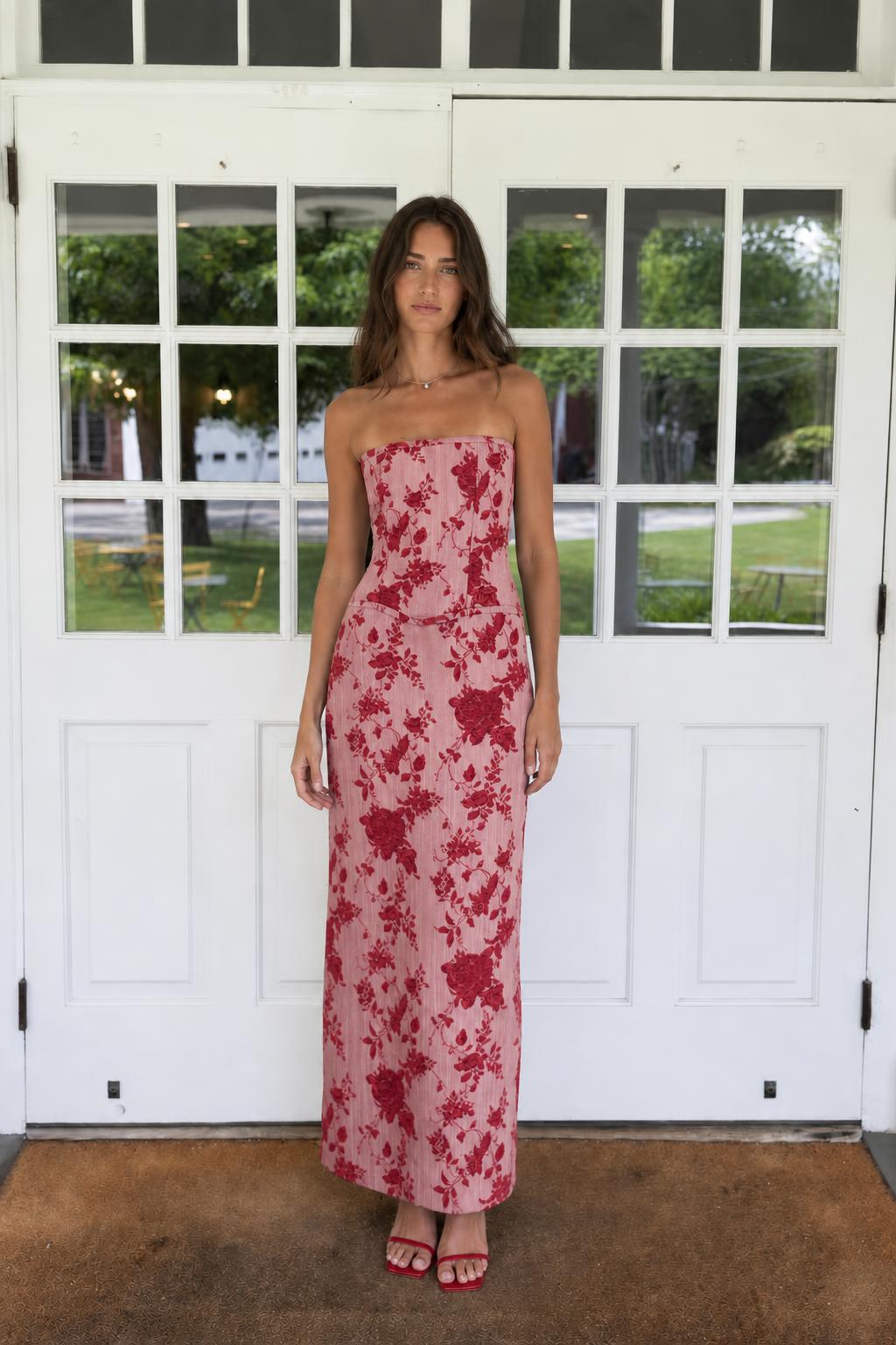 Floral Print Strapless Lace-Up Back Maxi Dress in Pink
