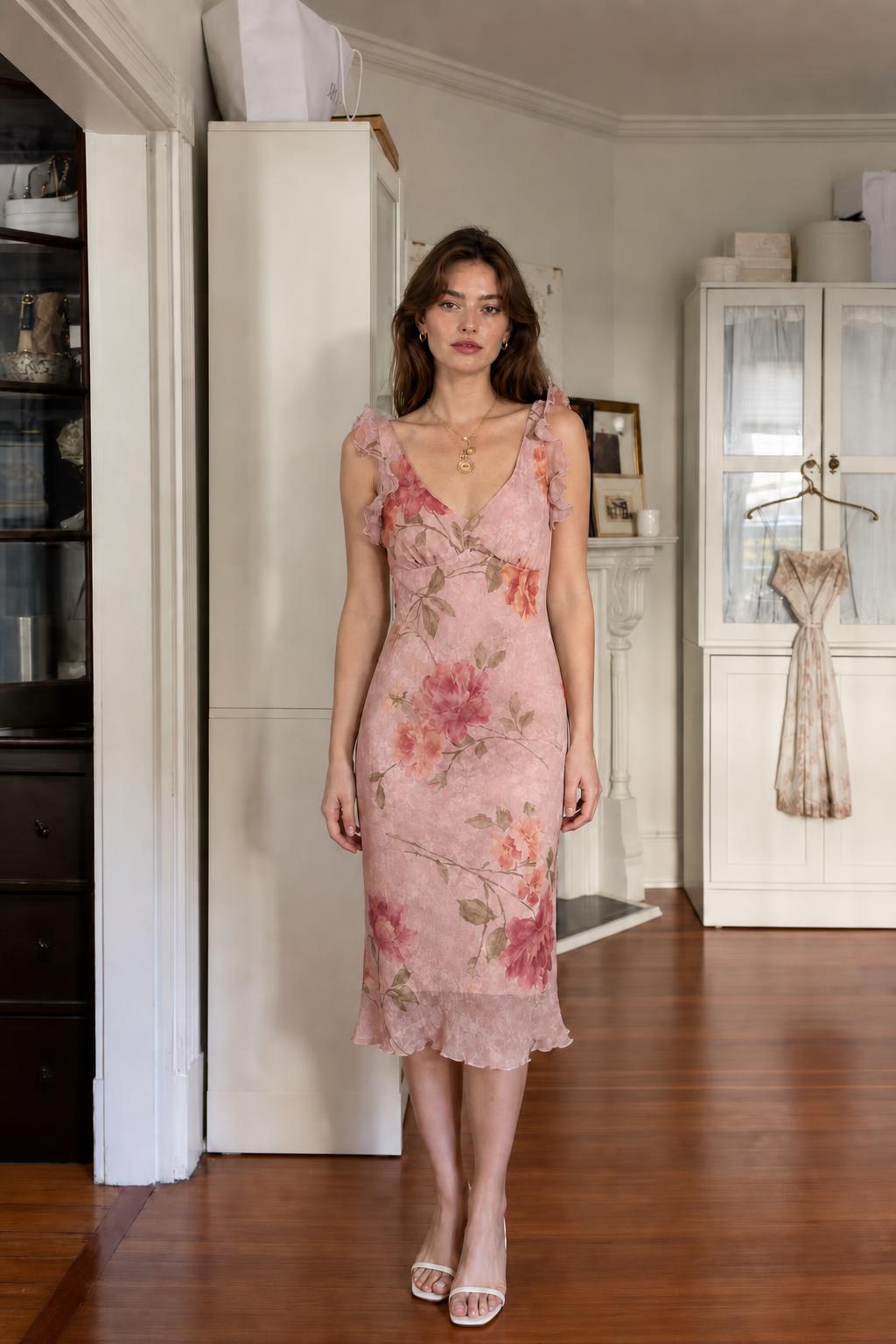 Front view of woman wearing pink floral midi dress