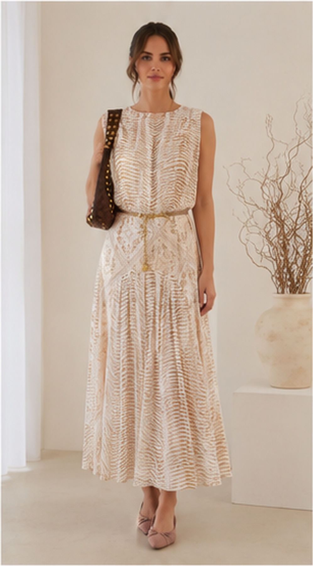 Women's printed sleeveless belted midi dress in Ivory