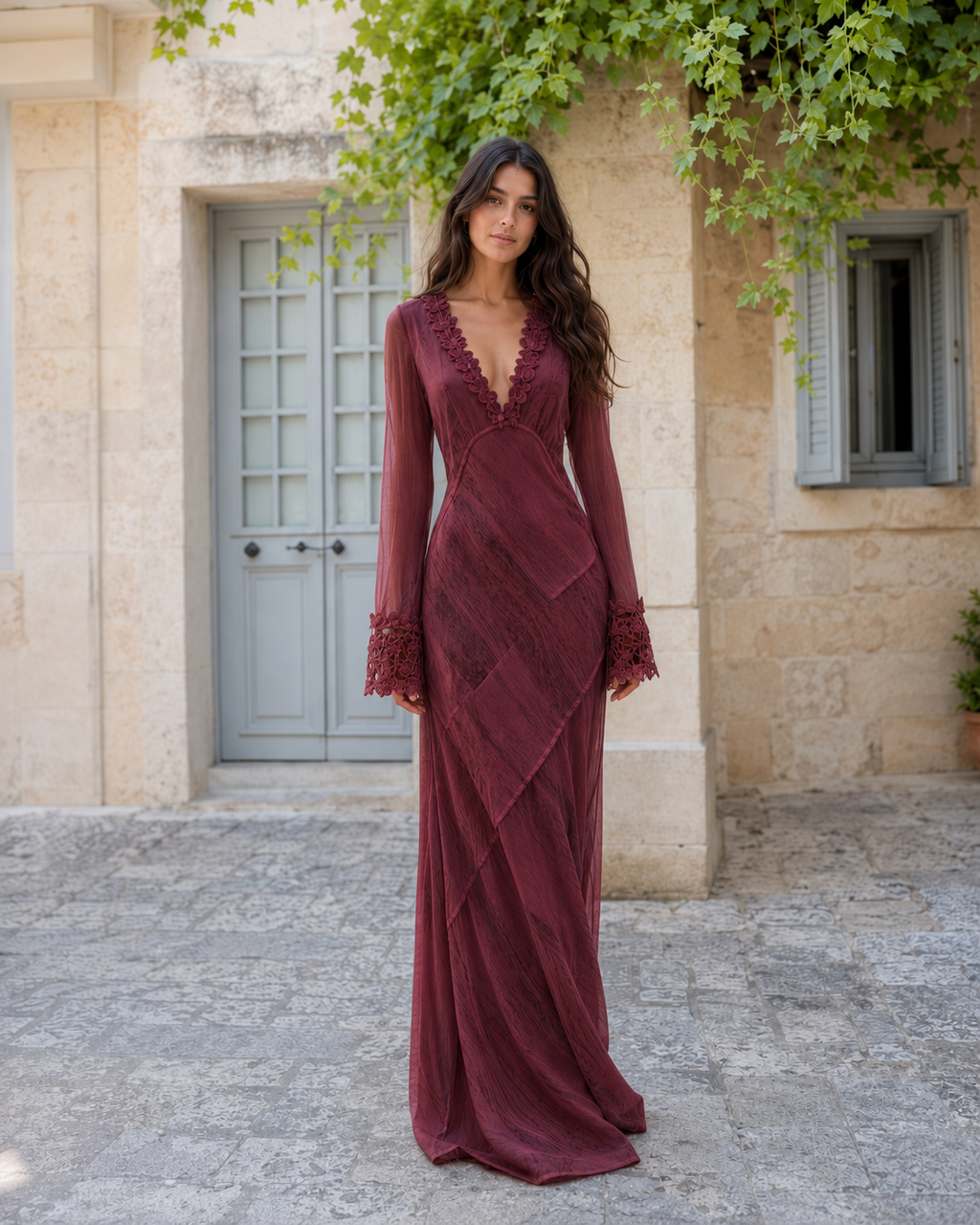 Burgundy lace trim deep V maxi dress with sheer long sleeves front view