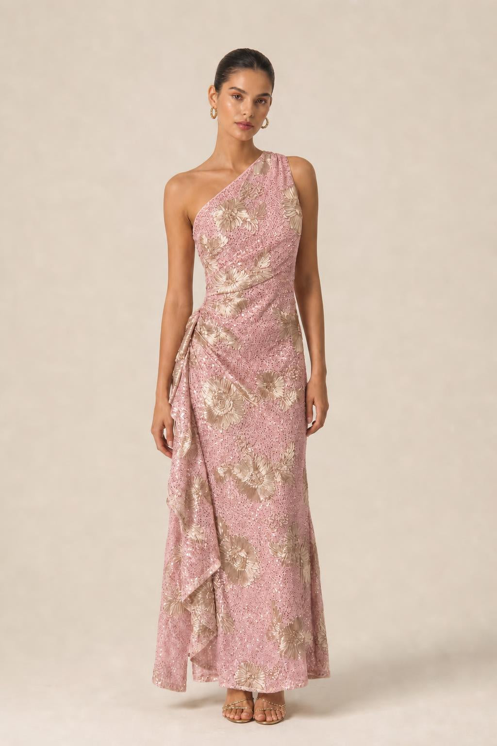 Blush pink color variant of one-shoulder floral sequin evening gown