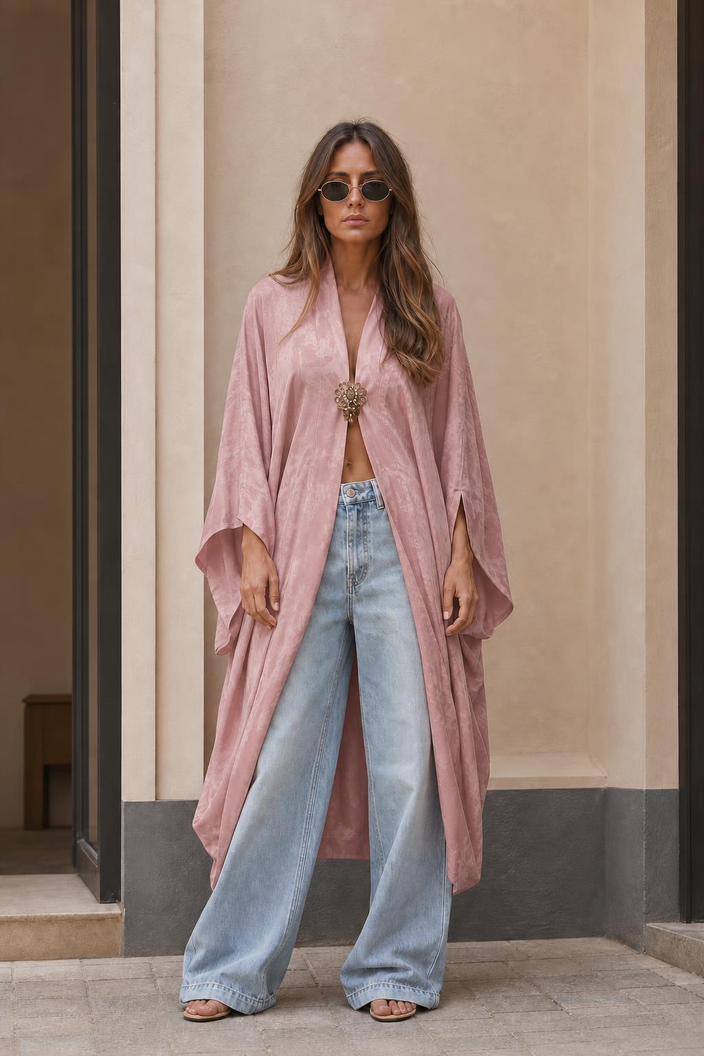 Model wearing dusty pink long kimono cardigan