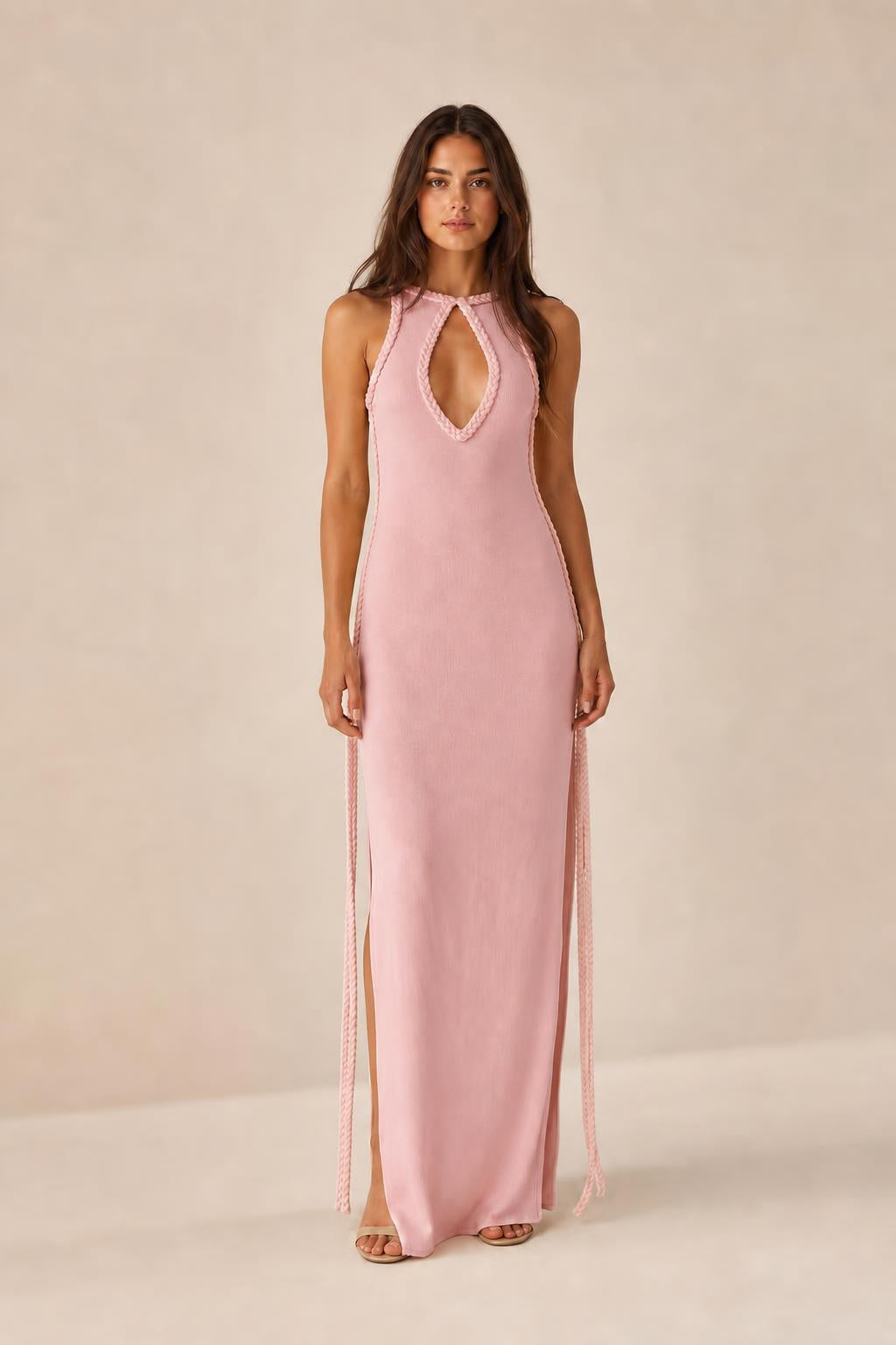 Front view of pink color variant maxi dress
