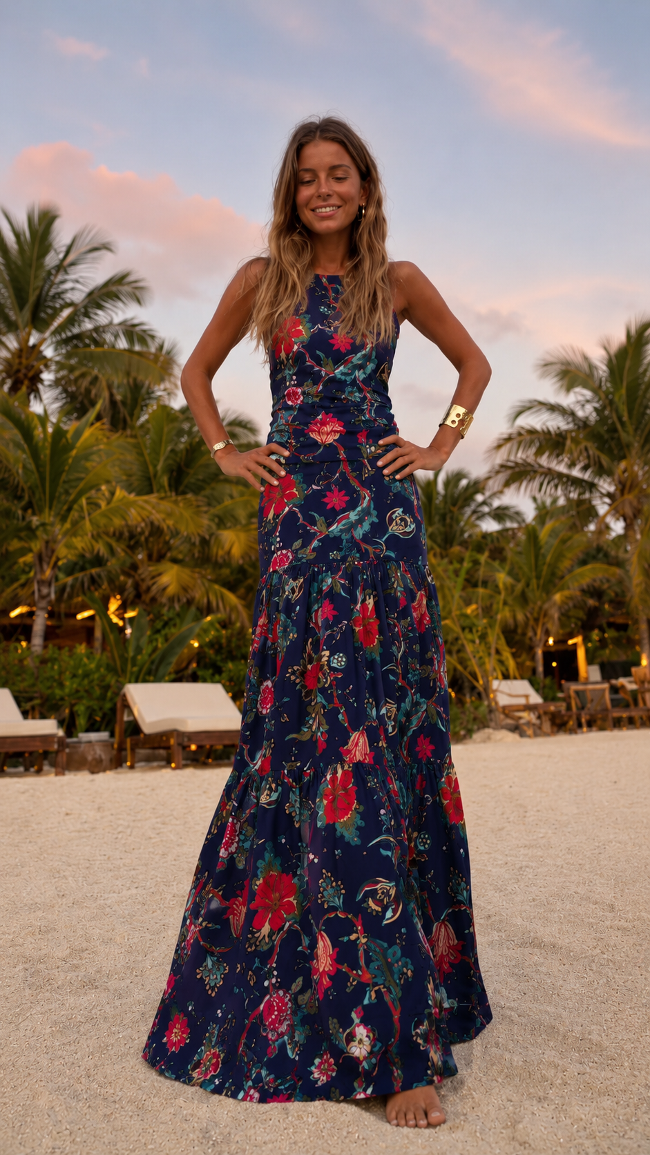 Front view of navy floral sleeveless maxi dress with fitted shape