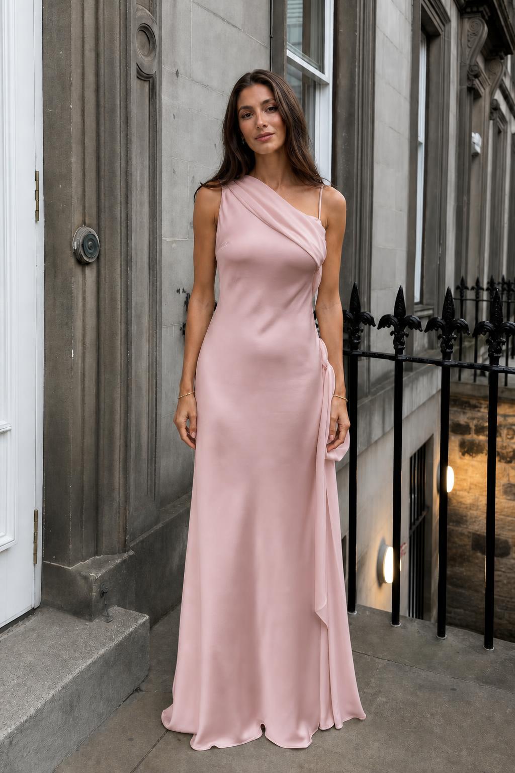 Front view of Blush Pink one-shoulder draped satin maxi dress
