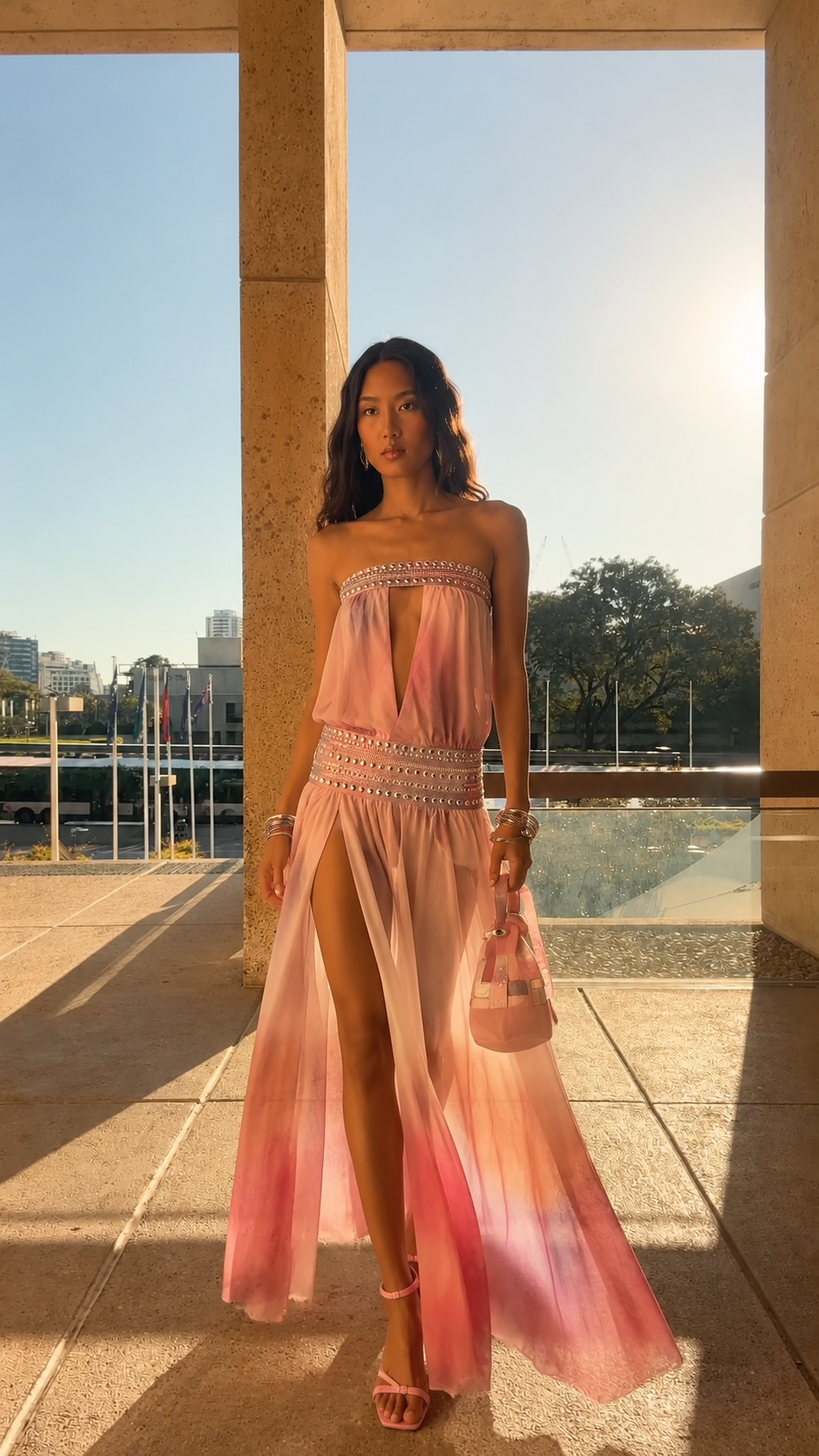 Front view of blush pink strapless beaded maxi dress with flowing skirt