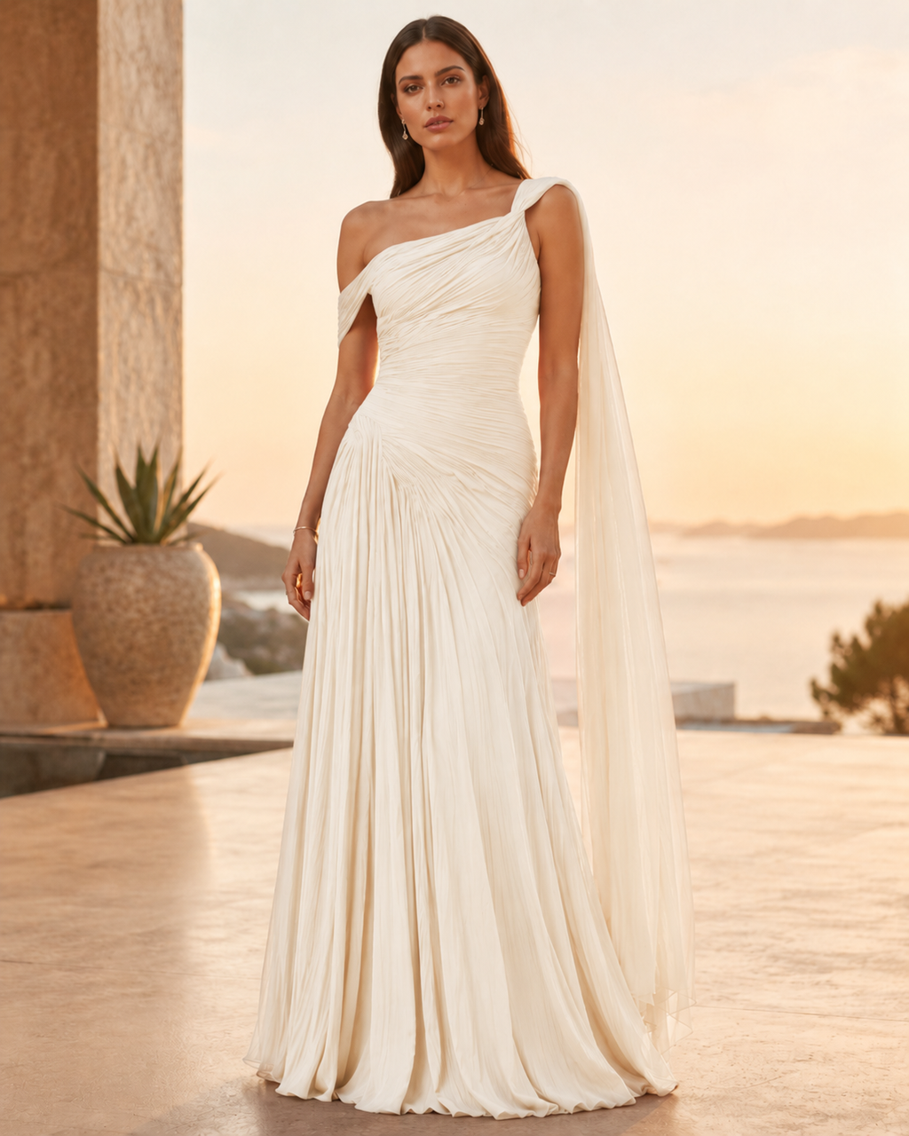 Ivory one-shoulder evening gown with soft pleats and full-length flowing silhouette