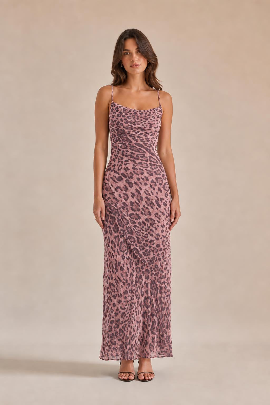 Front view of pink leopard print maxi slip dress variant