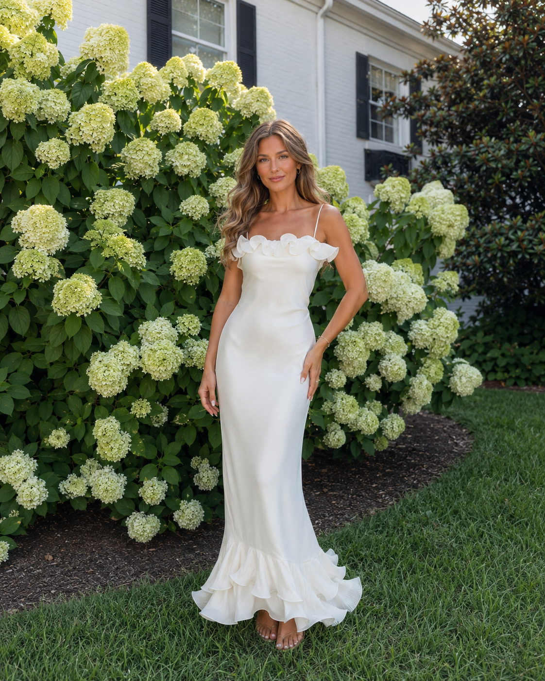 Ivory satin-look maxi dress with delicate straps and flounced hem