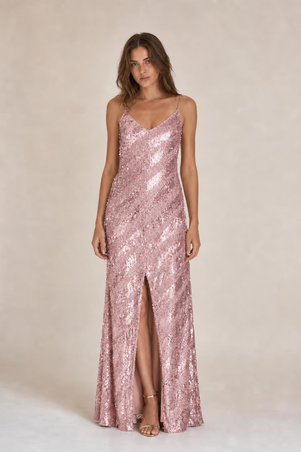 Model wearing Blush Pink sequined maxi dress