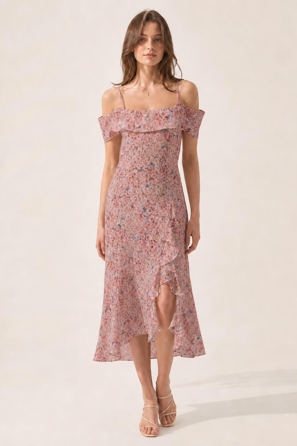 Front view of pink floral off-shoulder midi dress
