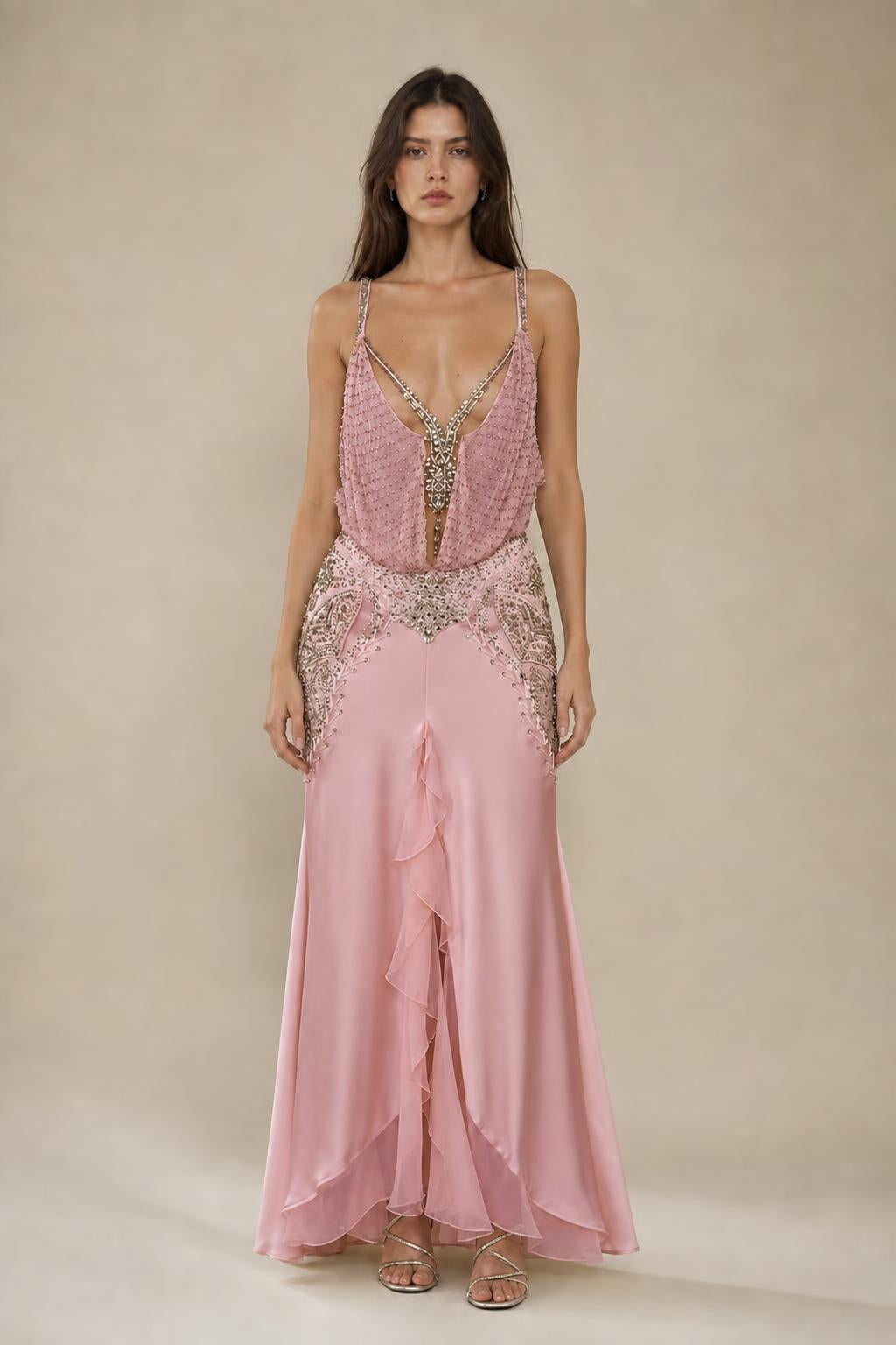 Front view of pink embellished maxi dress variant