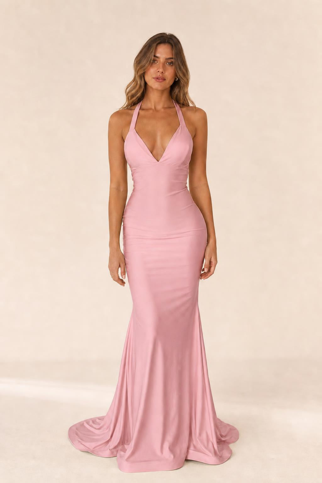 Front view of pink halter maxi dress