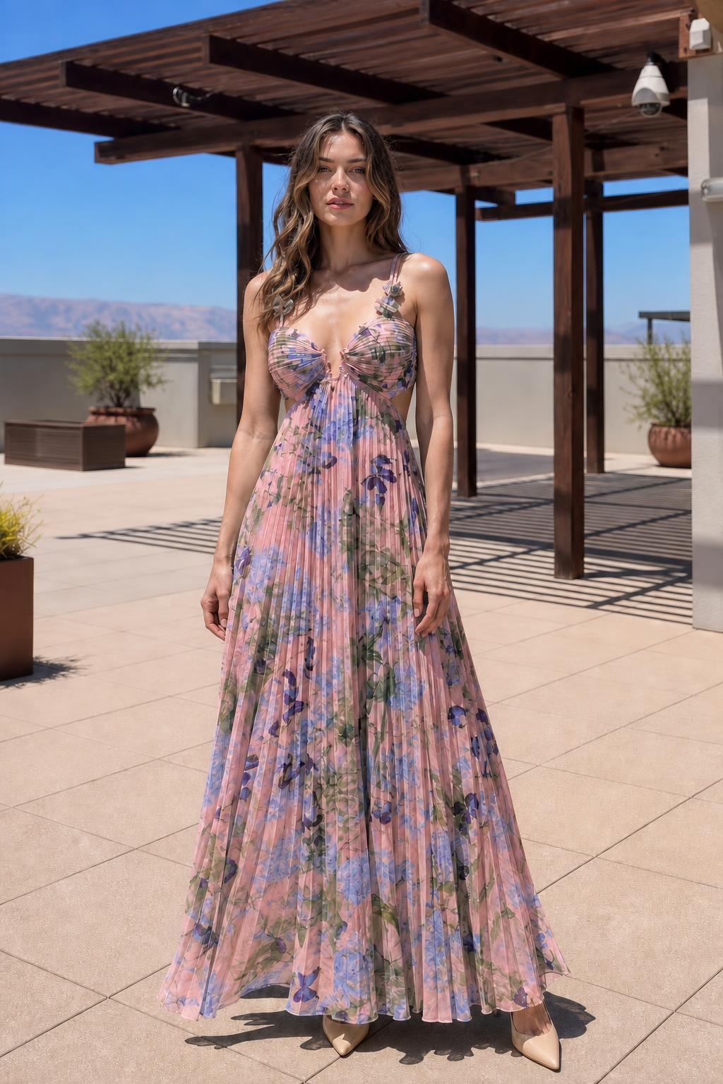 Front view of model wearing Pink Floral pleated maxi dress