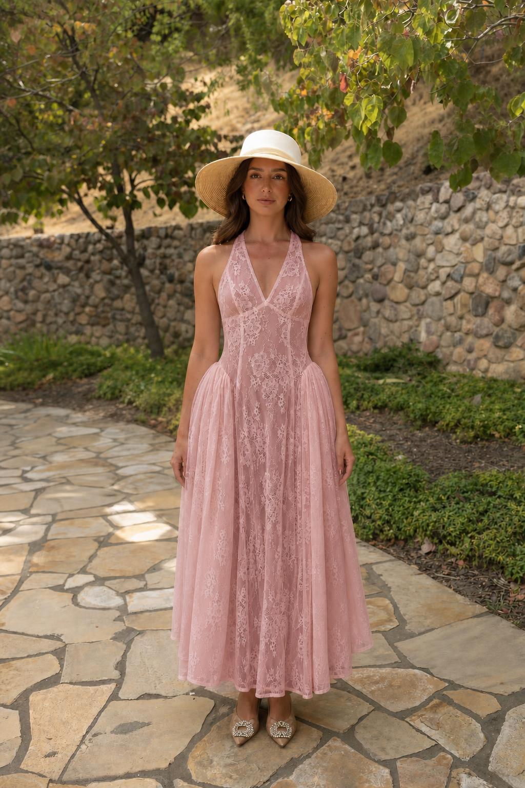 Front view of Pink Halter Lace Maxi Dress
