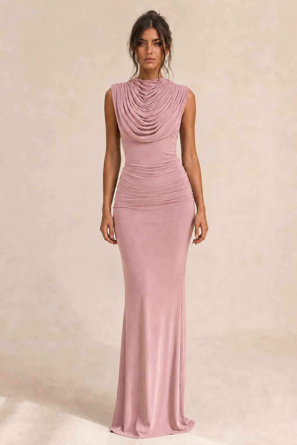 Front view of mauve draped sleeveless maxi dress