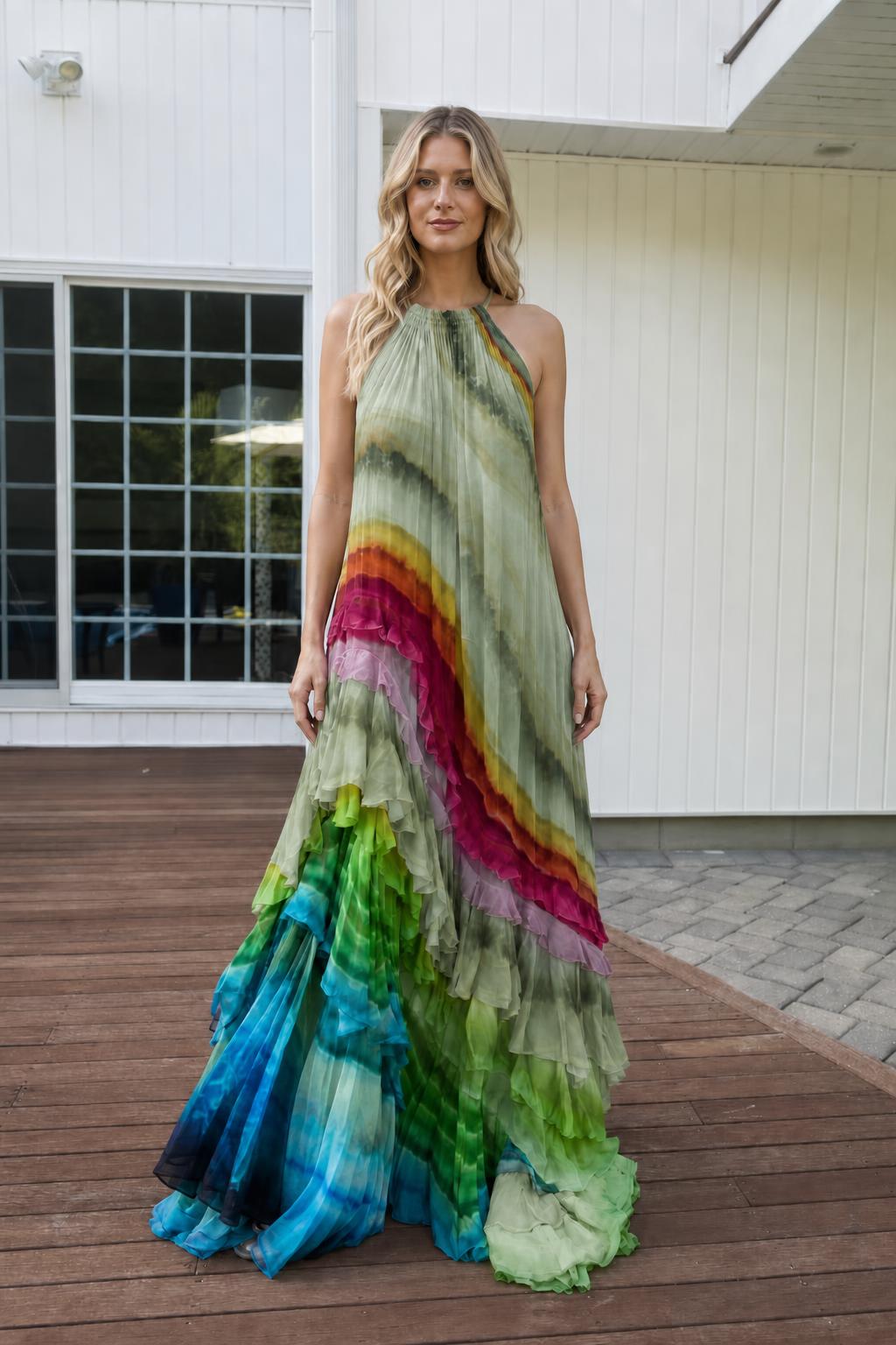Model wearing olive green base rainbow ombre maxi dress