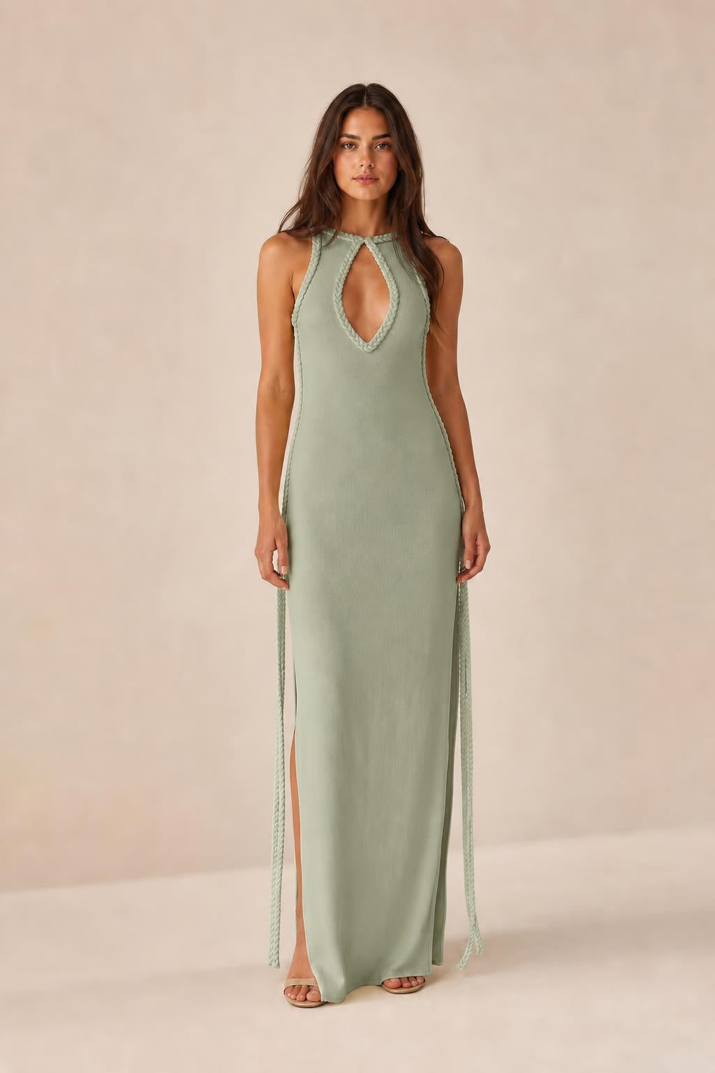 Front view of sage green color variant maxi dress
