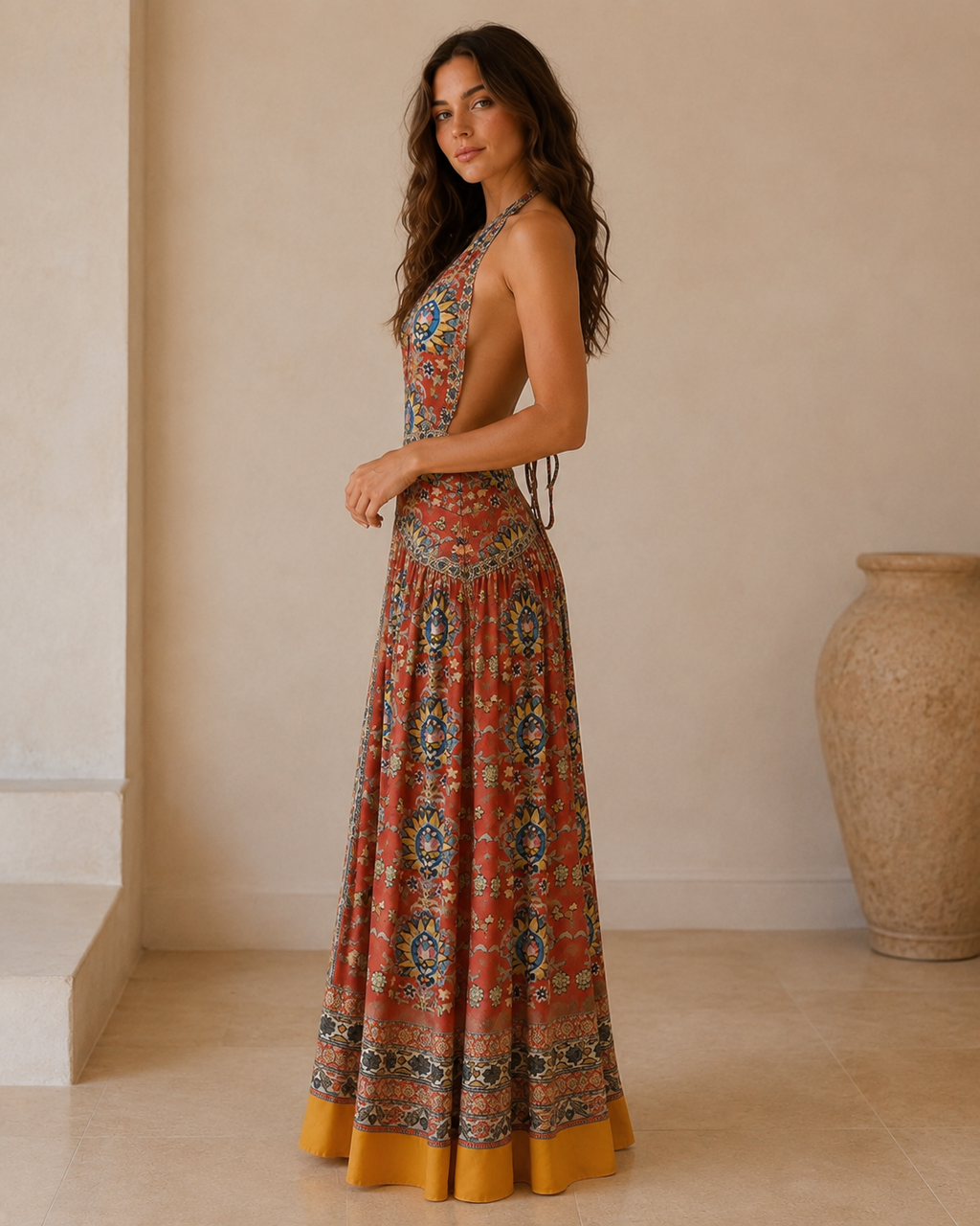 Side view of rust printed halter maxi dress with low-cut side and flowing skirt