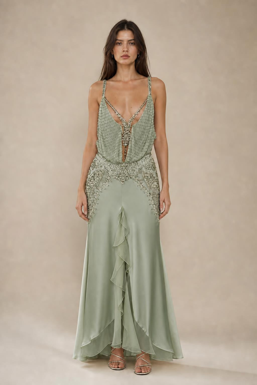 Front view of sage embellished maxi dress variant