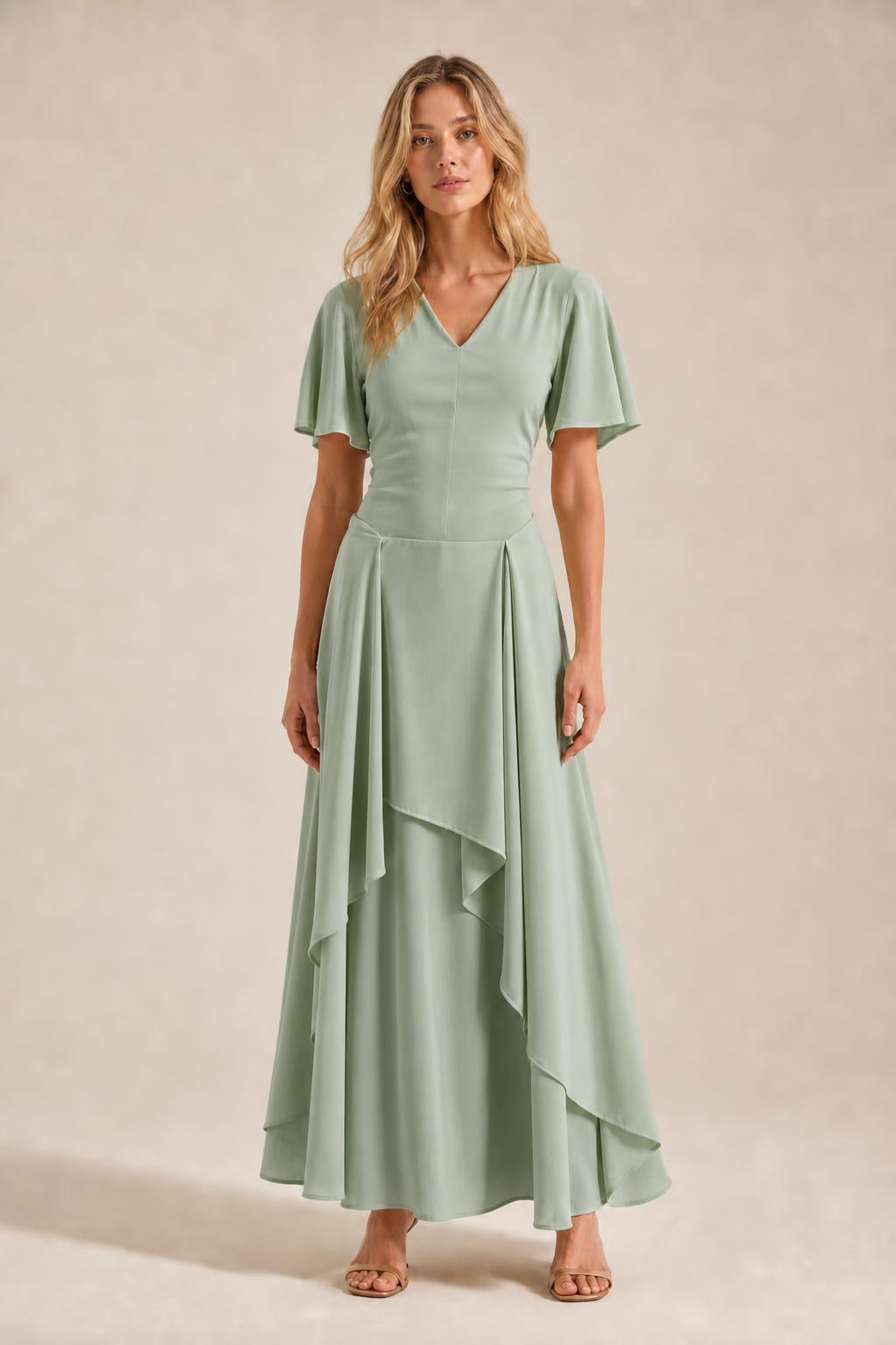 Front view of model wearing sage green V-neck flutter sleeve maxi dress