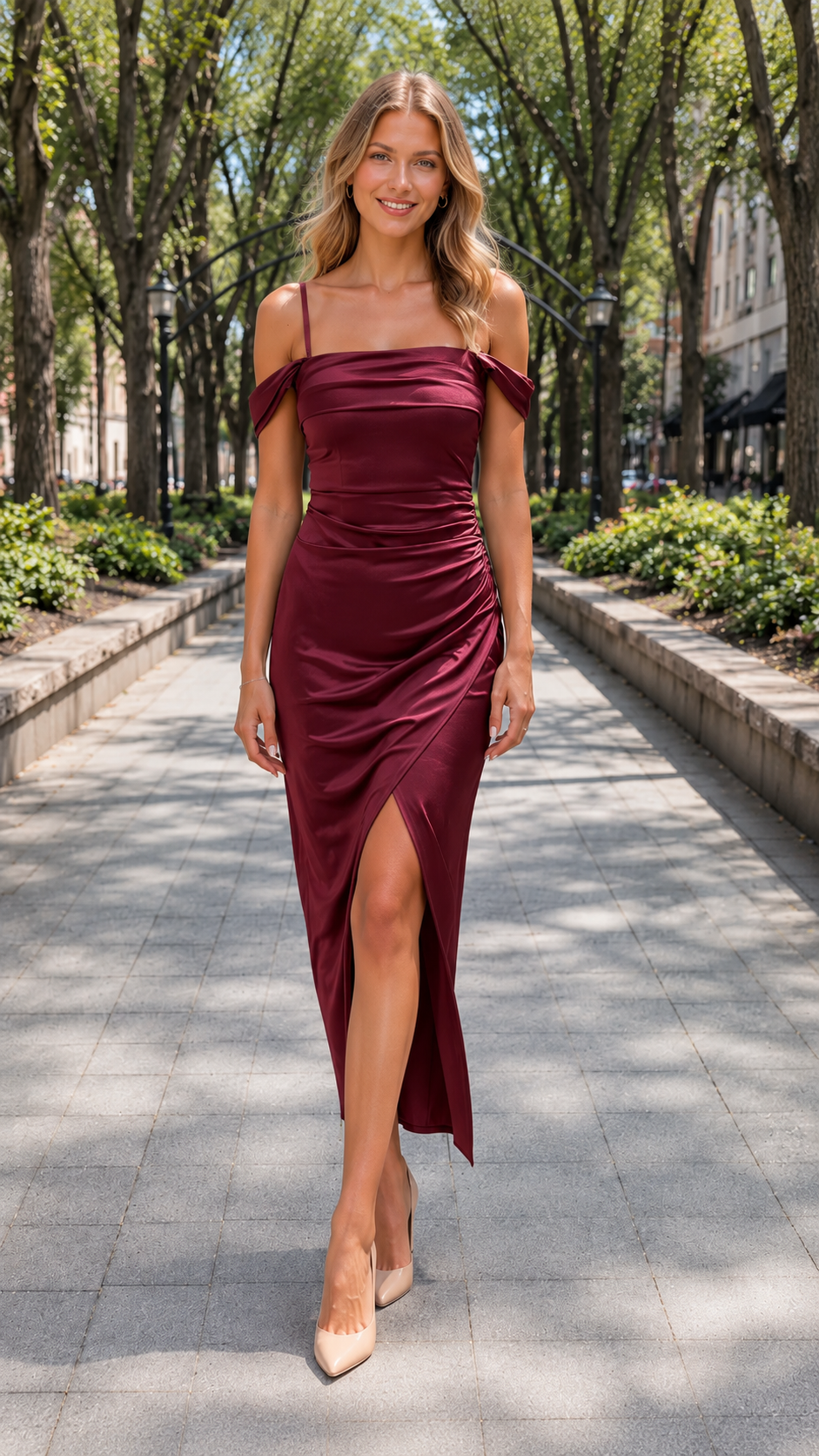 Burgundy off-shoulder ruched satin-look dress with slim straps and front slit, front view
