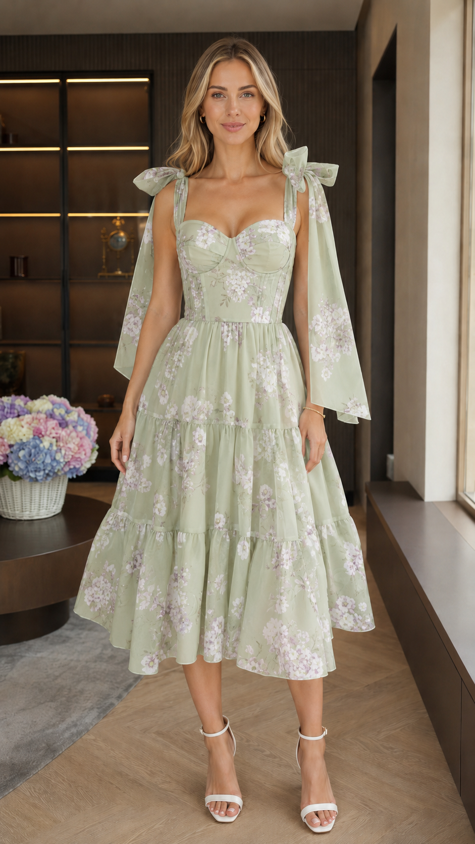 Front view of sage green floral tie-shoulder sweetheart midi dress