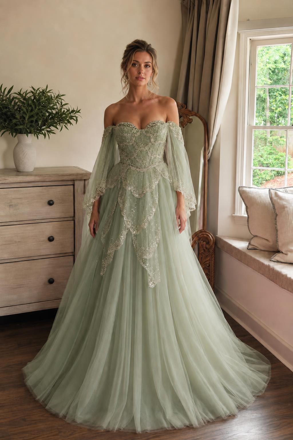 Sage green variant of the off-the-shoulder tulle ball gown