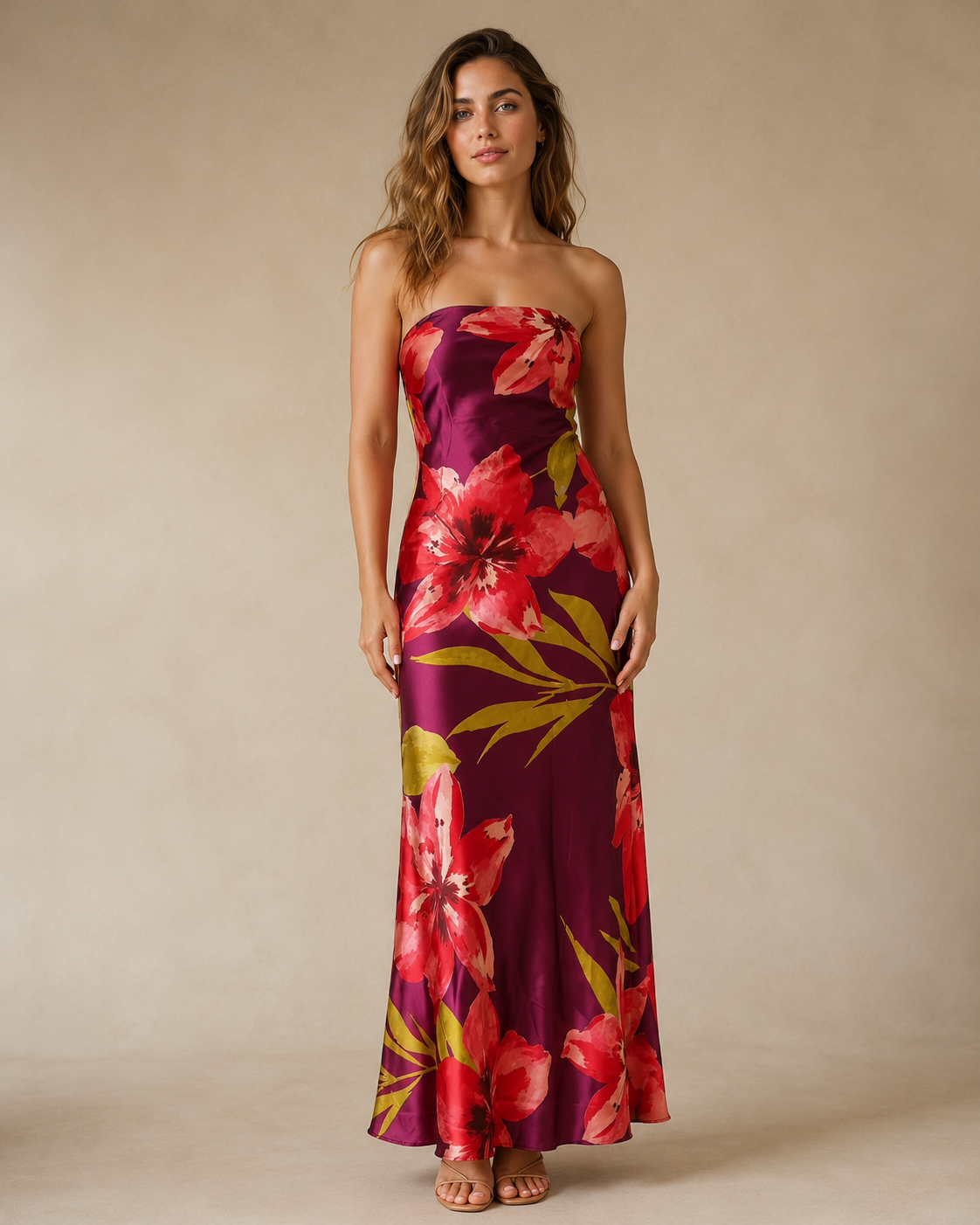 Full front view of berry floral strapless maxi dress with bold blossoms and leafy print