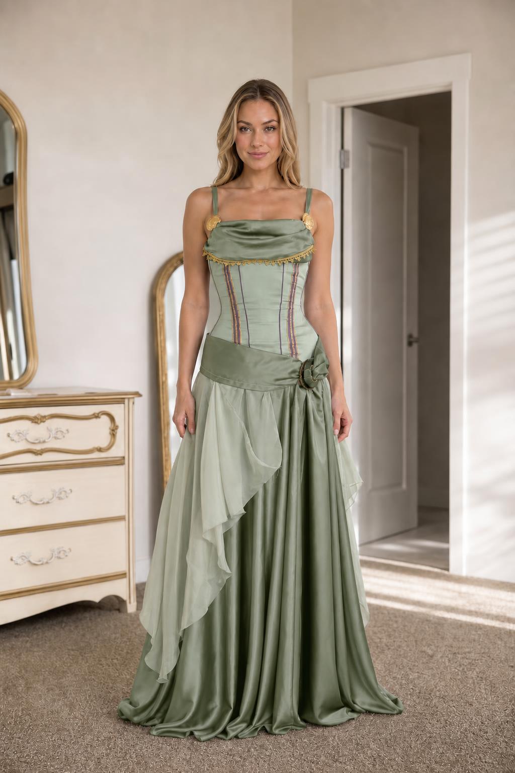 Renaissance medieval corset maxi dress in sage green