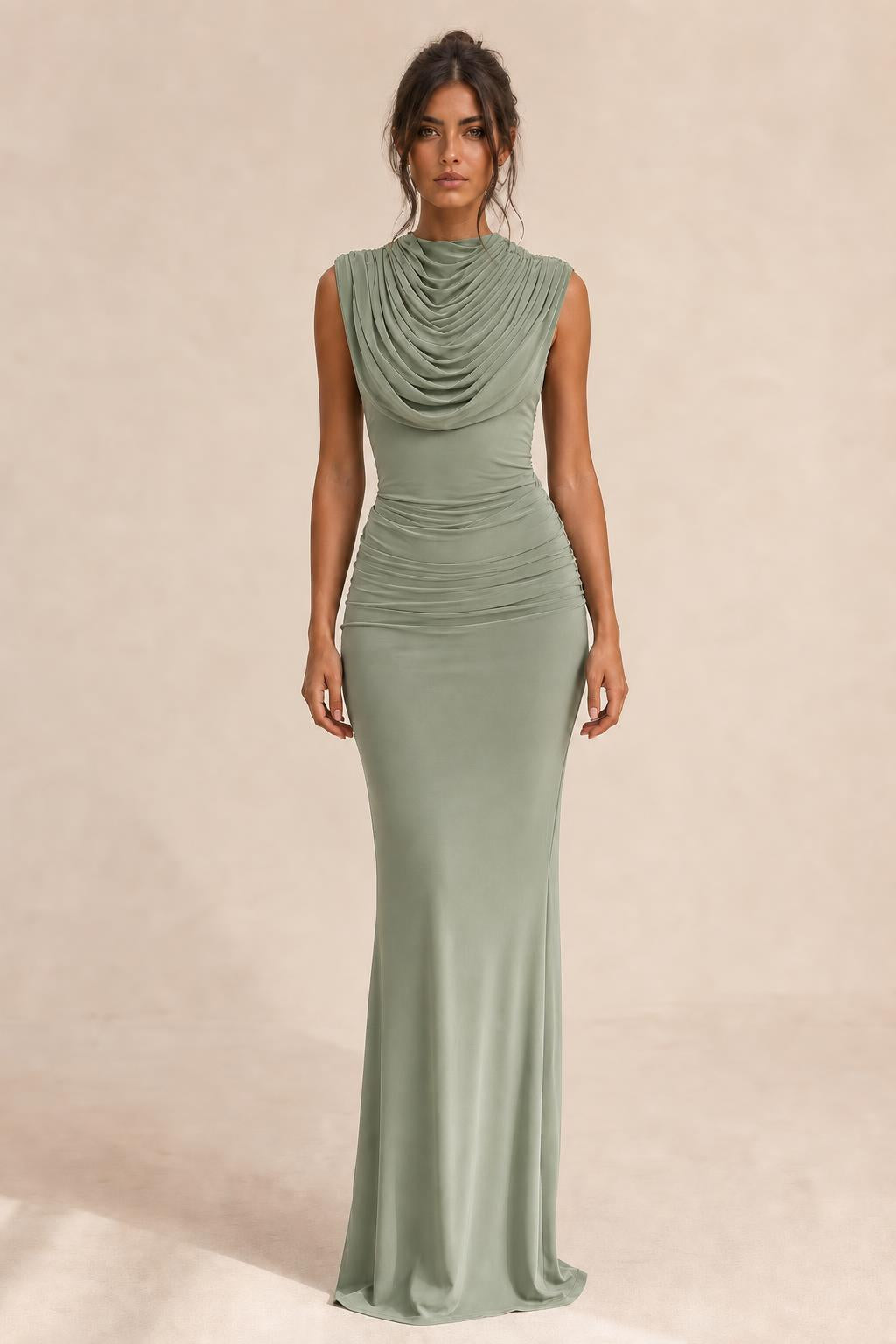 Front view of sage draped sleeveless maxi dress