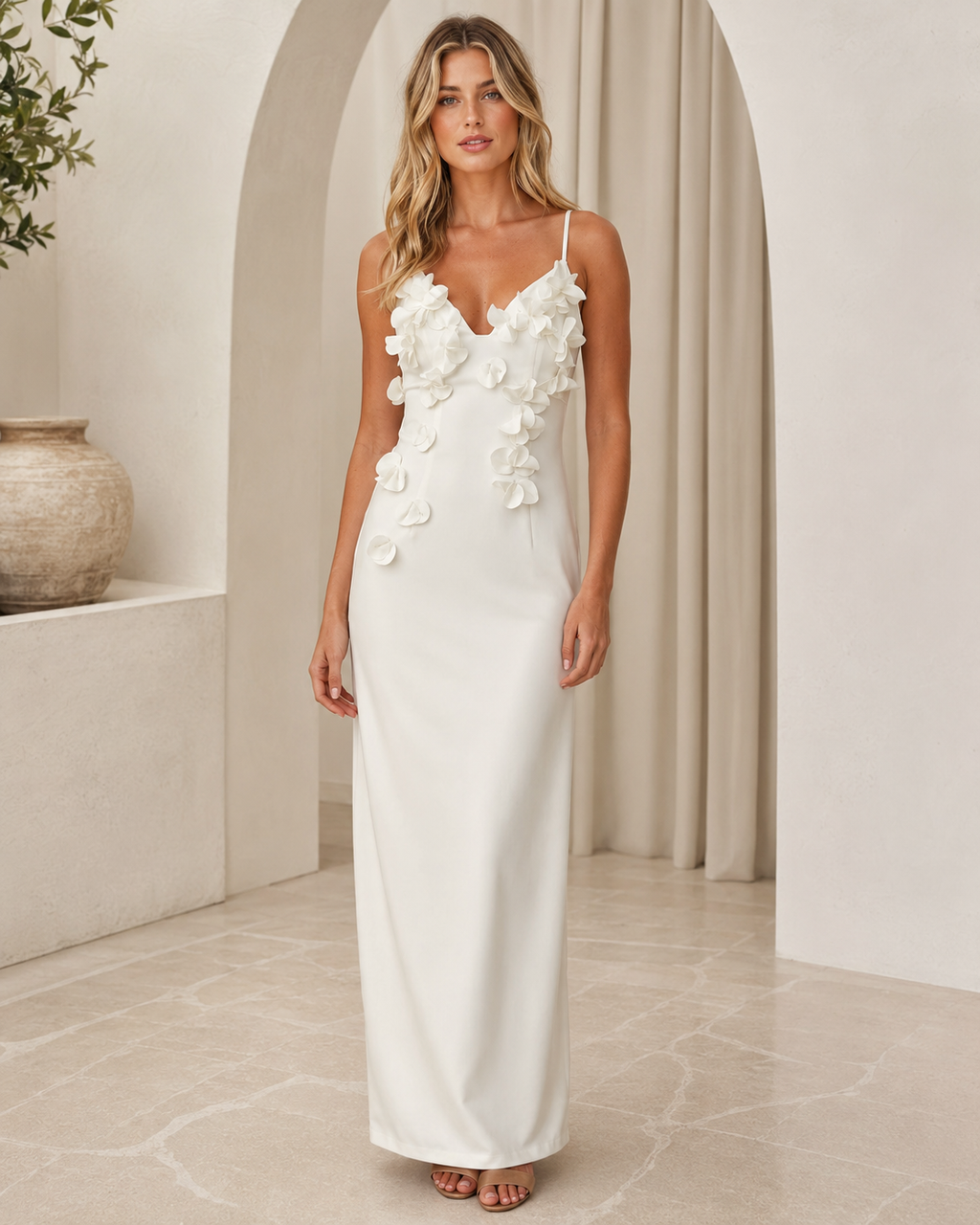 White floral appliqué cami maxi dress front view