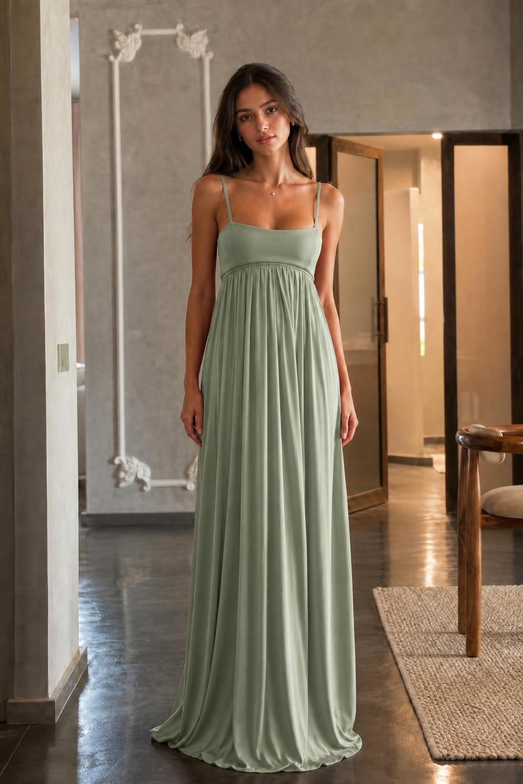 Full-length front view of sage green maxi dress