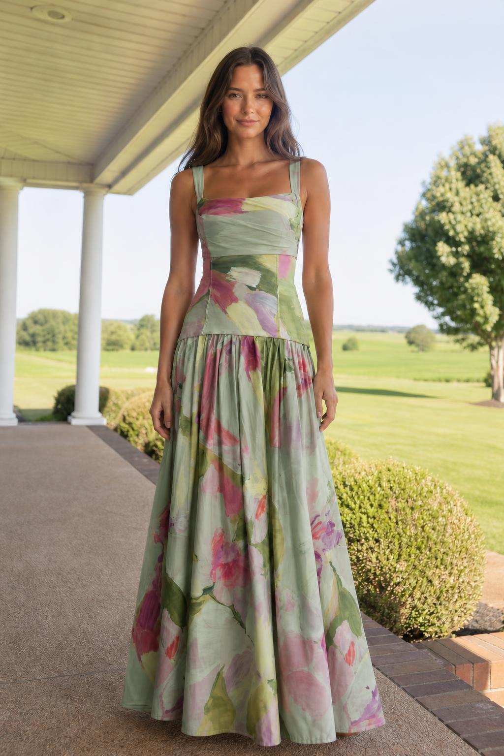 Front view of model wearing sage green floral print maxi dress