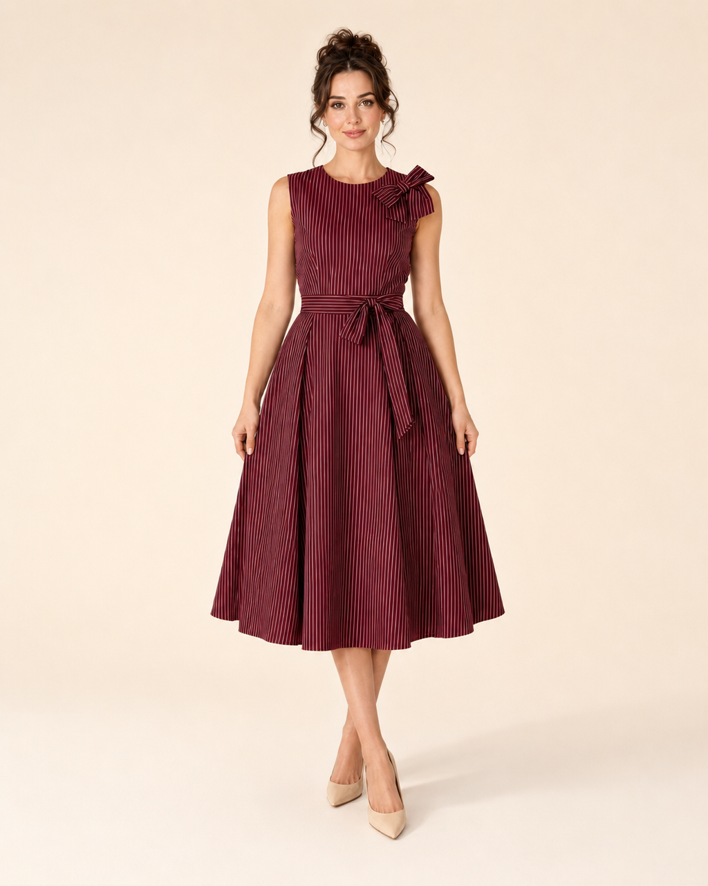Front view of burgundy sleeveless striped midi dress with waist tie and full skirt